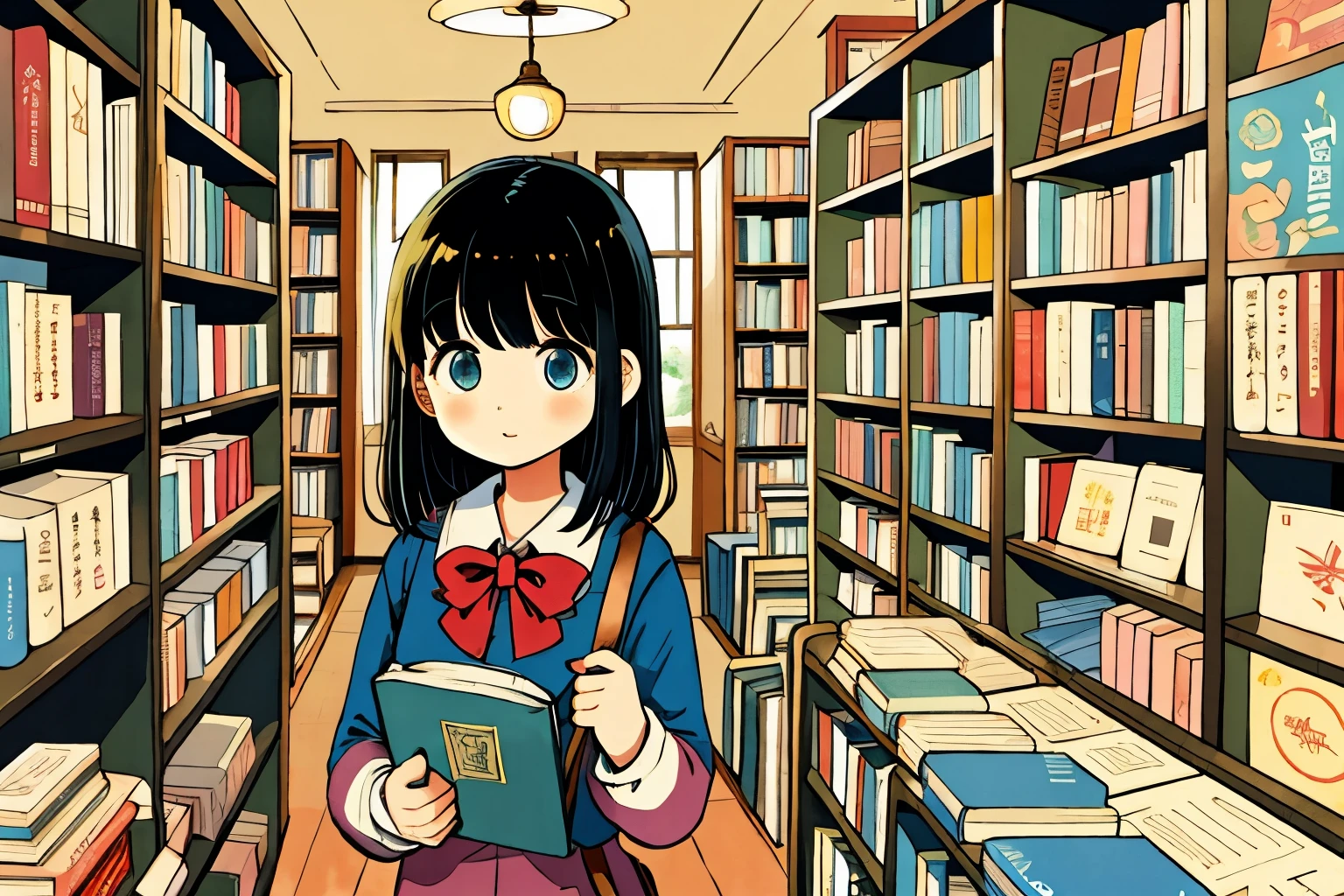 A男の子 in a vintage bookstore, Book title "Exploring Classics ". She is wearing a suit and has delicate, long black hair. Her attention is captured by a collection of Fairytale Picture Book displayed on a shelf. The Store Owner , a A woman who seems smart, Standing in the Background , elegantly observing the girl as she explores the books. The atmosphere is filled with the scent of old paper and the soft glow of warm color lighting, creating a pers with decor and inviting ambiance. Books are carefully arranged , showcasing Rare and Collectible Literary works. The shelf are adorned with beautifully Beautifully illustrated book covers , takes readers to a different world every time they turn the page . The girl's eyes are filled with excited and curiosity as she carefully flips through the pages of the book she holds, immersing herself in the A fascinating story and Attractive illustrations. The bookstore is a haven for book lovers, full of nostalgia for bygone times and the charm of literary treasures .
( top quality, high resolution, by Nomi:1.37), Details, vintage, bookstore, girl, suit, black hair, Fairytale Picture Book , delicate, pers with decor, warm color lighting, The Scent of Used Paper , Store Owner , A woman who seems smart, shelf, Rare and Collectible , Literary works, Beautifully illustrated book covers , excited, curiosity, A fascinating story, Attractive illustrations, Immersion.
