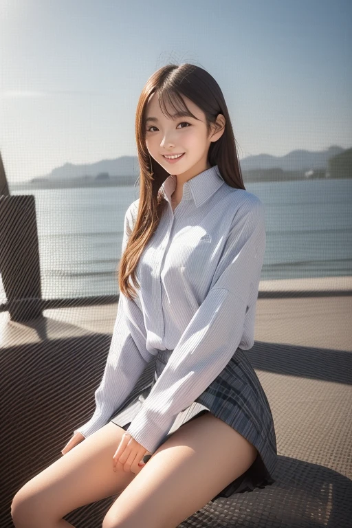 A beautiful Japanese shy girl, age 18 years old, brown hair, brown big eyes, shiny lip, ecstatic expression, shiny hair, wearing front button white blouse, plaid blue skirt, standing pose, in deep blue sky scape, background is very blurry, wearing white socks, low angle,