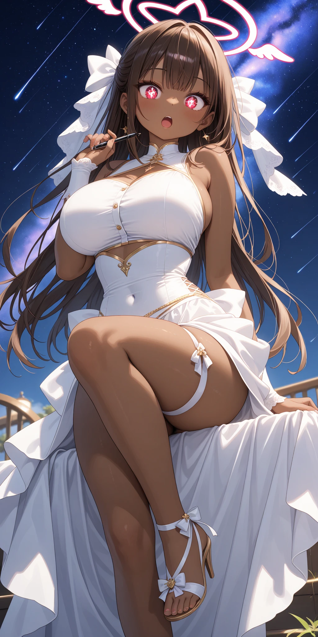 KanColle Kongou, kongou, Ahoge, brown hair, double good, bun hair, hair band, headgear, long hair, (purple eyes:1.1), highest quality, High resolution, unity 8k wallpaper, (figure:0.8), (detailed and beautiful eyes:1.6), highly detailed face, perfect lighting, Very detailed CG, (perfect hands, perfect anatomy),full moon、Photo from below、((Swimsuit))、((pantyhose))