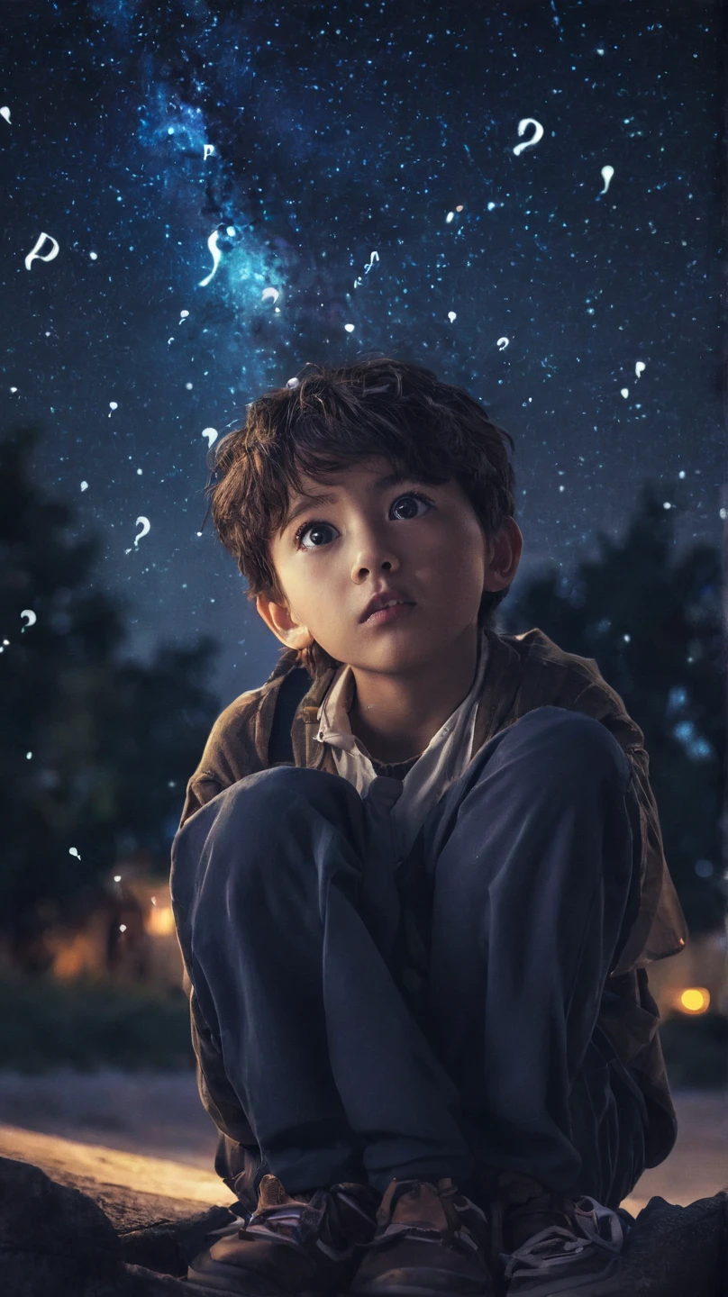 Boy child sitting in a village at night with a his starred in cgi best quality in masterpiece hd: