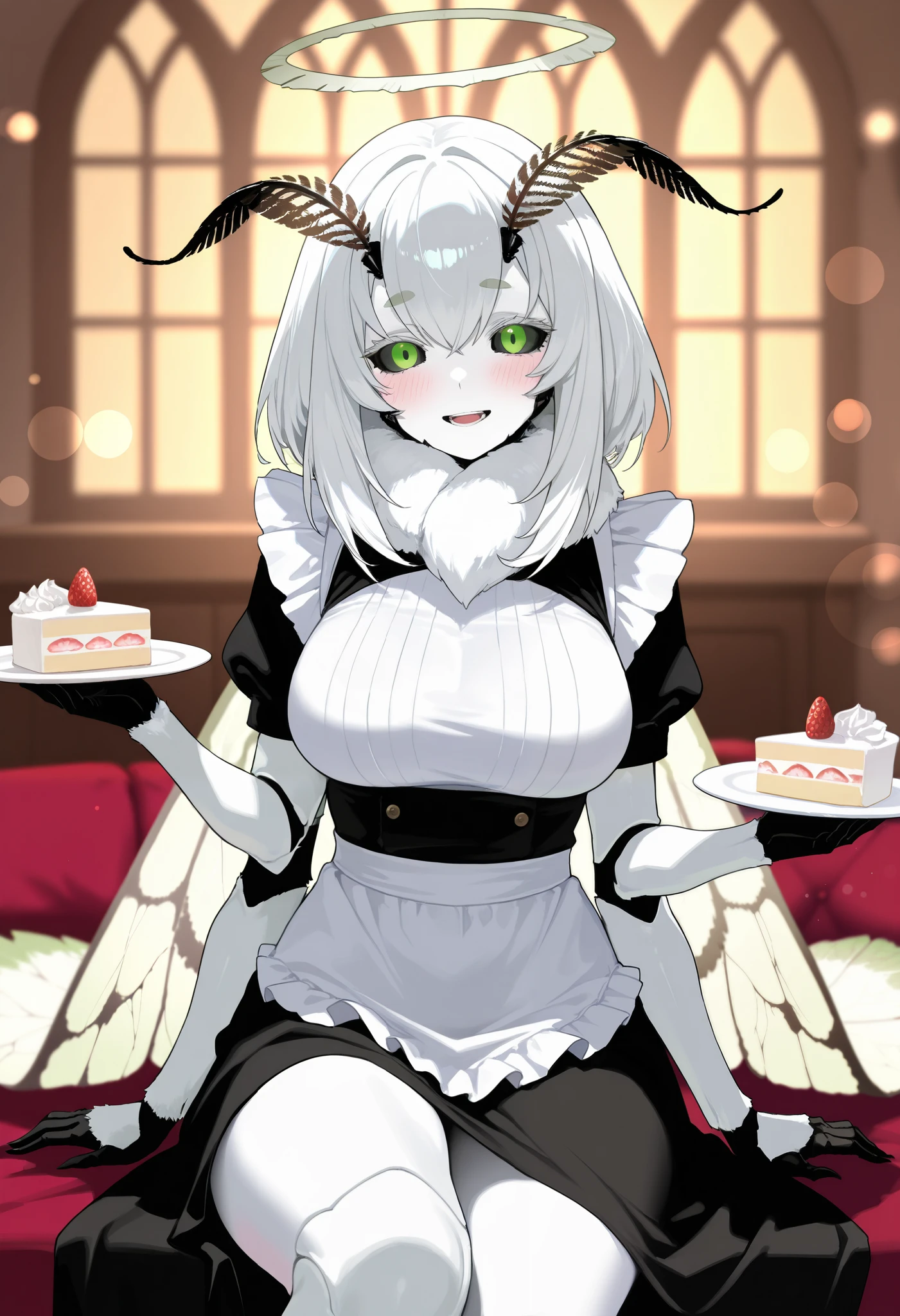 (masterpiece, best quality, high quality, highres, ultra-detailed), anime source, black sclera, green eyes, moth girl, monster girl, antennae, moth wings, white skin, mandibles, 1girl, solo, juniperactias, halo, monster, white hair, white skin, green eyes, black sclera, antennae, insect girl, moth wings, carapace, large breasts, (multi limb, multi arm), looking at viewer, bokeh background, mature female, blush, light smile, teeth, sit, maid dress, open mouth, thighs, holding plate with cake