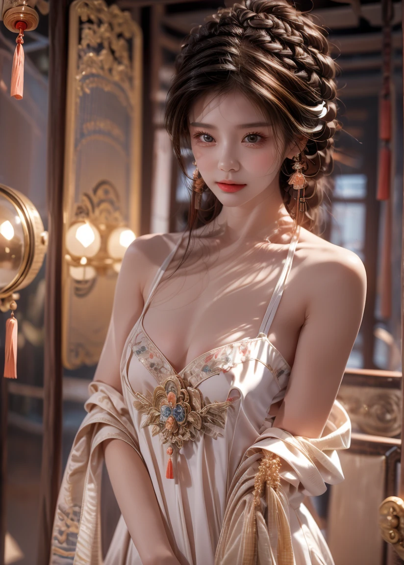 Realistic semi-close portrait image of curious woman retro 60s nostalgia, Prime Time,, 35mm Female Portrait,Gold embroidery. warm color. Vivid. Realistic. Carefree happy joy bokeh background. Quiet aesthetics. Soft lighting. Artistic lighting. Feminine elegance.Facing forward、Photo of your face
