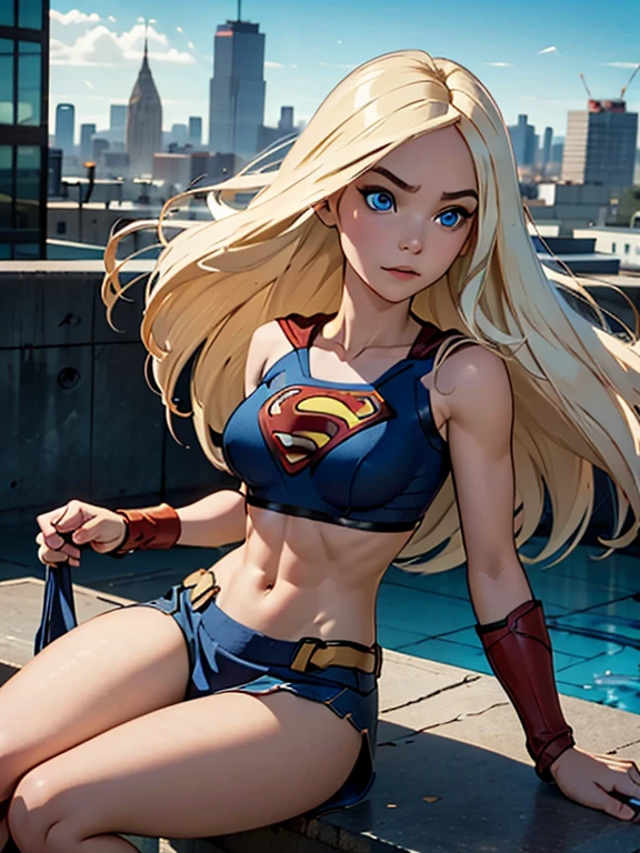 best quality, ultra-detailed, masterpiece, fine details, high res, 8k wallpaper, best quality, highres, cowboy shot, supergirl, spaghetti strap top, dynamic action, flying, doing superhero stuff, superhero, beautiful girl, woman, solo, fly, sky, cloudy sky, (cute:1.3), realistic, (cute), (detailed face), detailed eyes, detailed iris, detailed skin, masterpiece, professional photoshoot, perfect face, spaghetti strap top