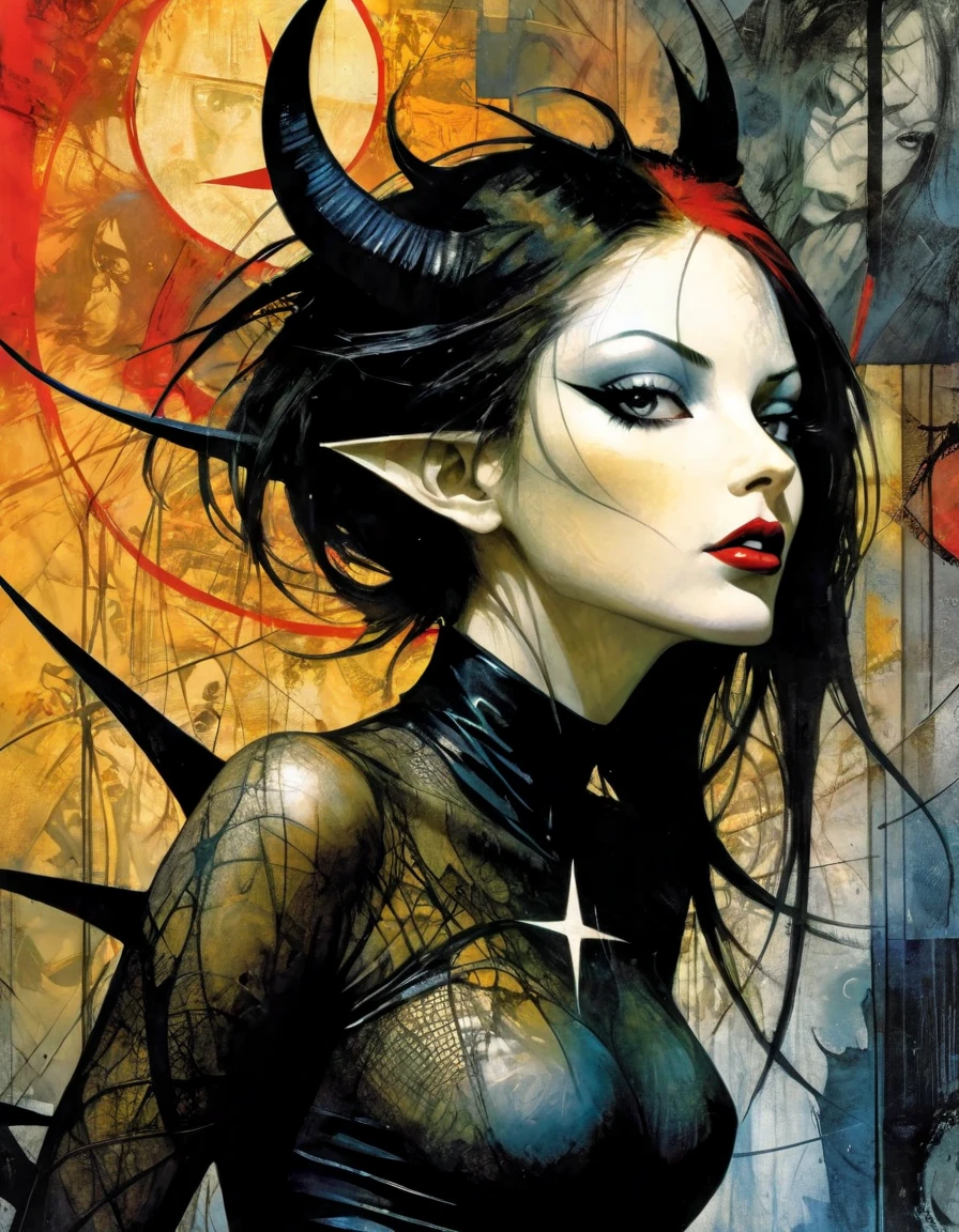 a tall woman with lustrous jet-black hair and the face of a goddess. She has golden irises and vertically split pupils; on her left and right temples are two thick horns protruding crookedly, and on her waist are a pair of black angel wings.