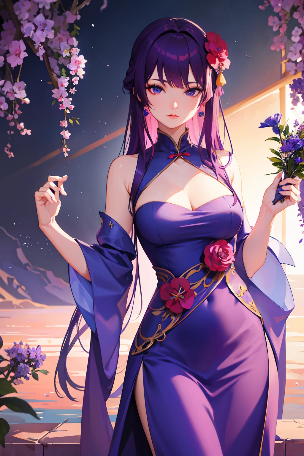 (best quality:1.1), (masterpiece:1.2), portrait, 1girl, yuzuriha_(jigokuraku), purple hair, brown eyes, ninja, open clothes, cleavage, small breasts, topknot, medium hair, breasts apart, white obi, smirk, outdoors, (blush:1.1), flowers,