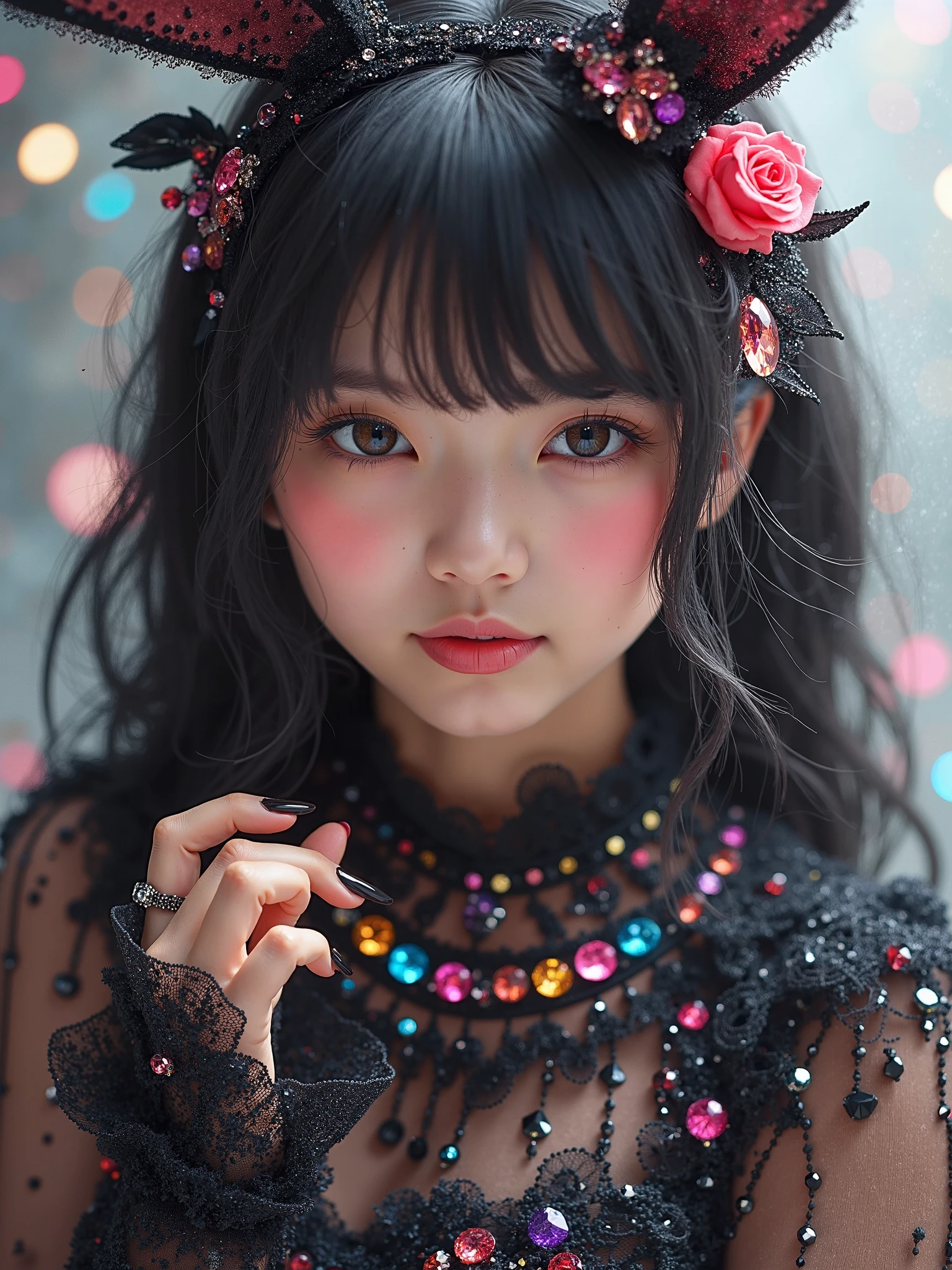 There is a woman with a cat ears and a black dress - SeaArt AI