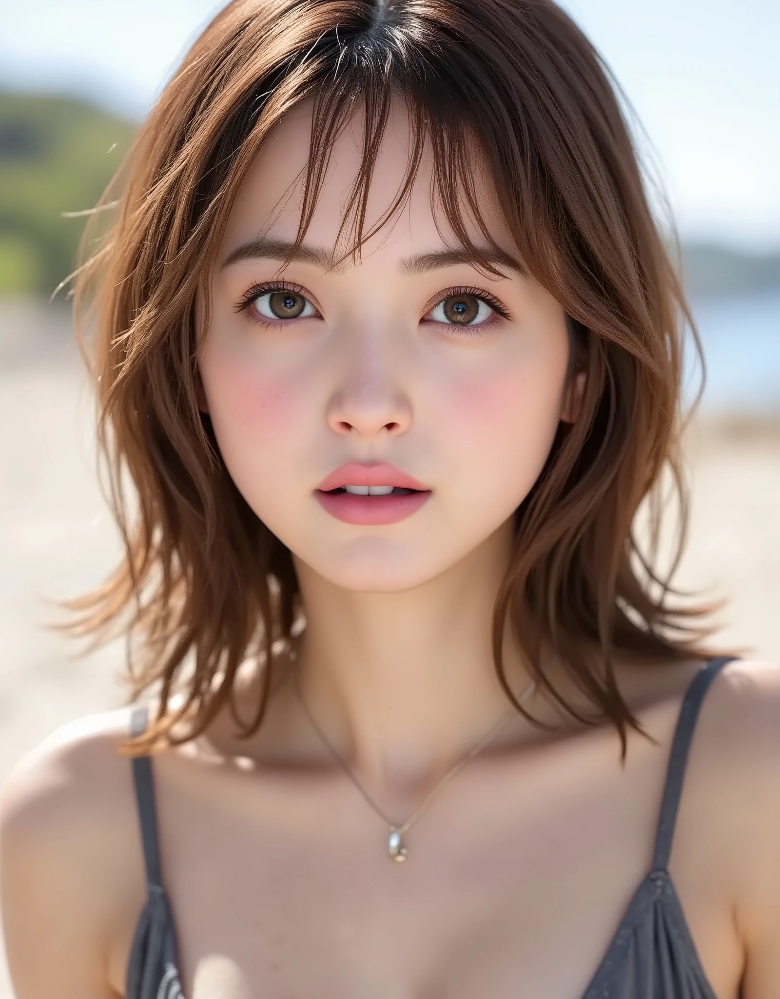 NSFW, (Highest quality), (Ultra-precise CG 16K wallpaper), (Realistic: 1.6), (High saturation), (Sharp), Beautiful detailed shading, Beautiful natural lighting, Beautiful detailed glow, (Bright sunlight in the daytime), Natural light, Depth of field, (Mature 24 year old woman, One person: 1.6), (Very beautiful Japanese face), (Sasaki Nozomi), (Soft wavy semi-long hair, bangs: 1.6), (Shiny brown hair), (Sparkling eyes), (C cup size breasts, cleavage: 1.6), (Beautiful breasts), (Beautiful legs), (Beautiful skin), (Sunken belly button: 1.6), Beautiful proportions, (Half-open mouth, surprised face: 1.5), (looking at me: 1.6), (Wearing a dark gray micro bikini swimsuit: 1.6), (Wearing a necklace), (Crawling pose: 1.6), (Sandy beach), (Full screen image:1.6), (bust shot image:1.8), (image of a woman seen from the front:1.6), (a woman on all fours on the beach in the early afternoon highlighting her cleavage:1.6),