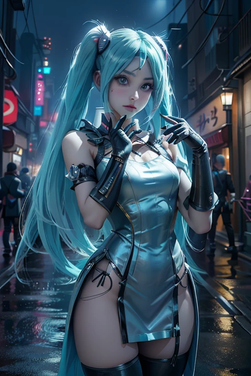(photorealistic:1.4),(1girl), kpop idol,bare shoulders,(sideboob:1.35), (best quality), (masterpiece), incredibly_absurdres, highly detailed, refined rendering, (highres), hatsune miku, garter straps,cushion, long hair, thighhighs,black skirt, solo, boots, heart pillow, aqua hair, looking at viewer, breasts, twintails, black jacket, high heels, sweet devil \(vocaloid\),hatsune miku, slender body, smooth skin, perfect anatomy, professional lighting, Futuristic fashion,High-tech fabrics, Fireproof material,black tight skirt,beautiful detailed eyes,detail hair, ultra-detailed ,detailed face,all black, <lora:japaneseDollLikeness_v10:0.3>,cyberpunk, mechanical arms, pink headbands,
