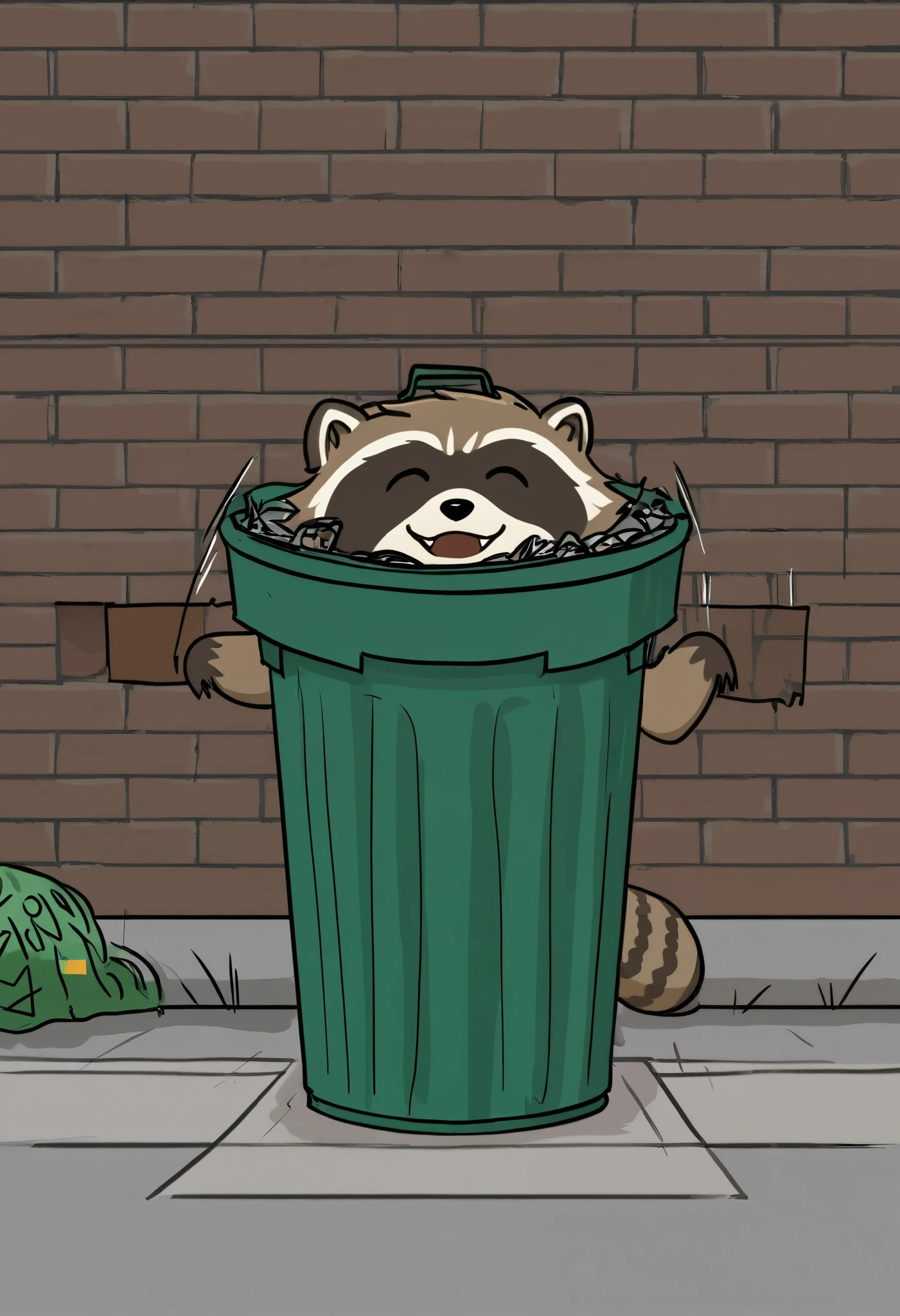 Raccoon woman , happy, rummaging through a garbage can, Thicc