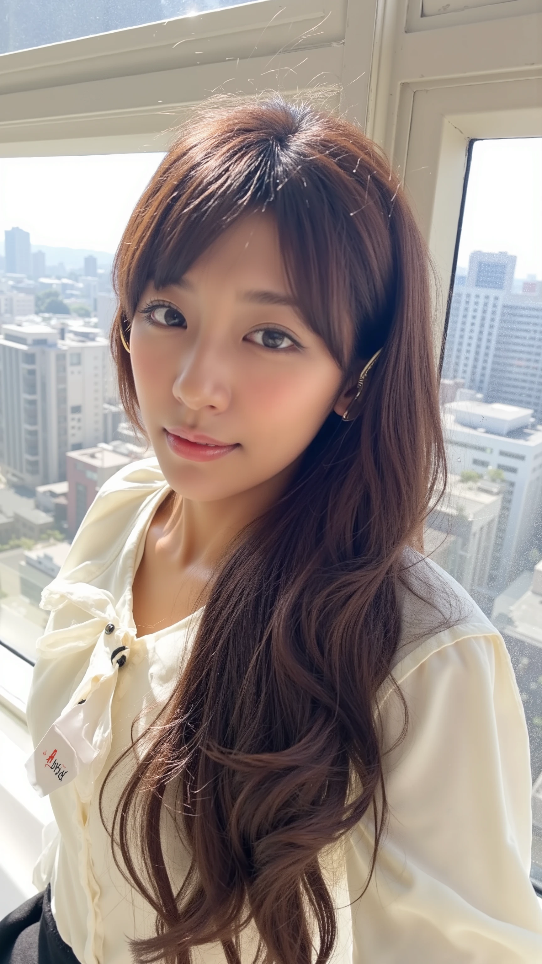 Tokyo Officeで仕事中の20歳代の女性がオフィス内で振り返る、Keep your long hair together with hair clips、Wear a white blouse with ruffles、Lower the nameplate from your neck、I'm wearing a tight mermaid-line long skirt、Photorealistic image showing the whole body with a composition seen from behind、(Tokyo Office:1.3、Outside the window is a night view)、(Back view)