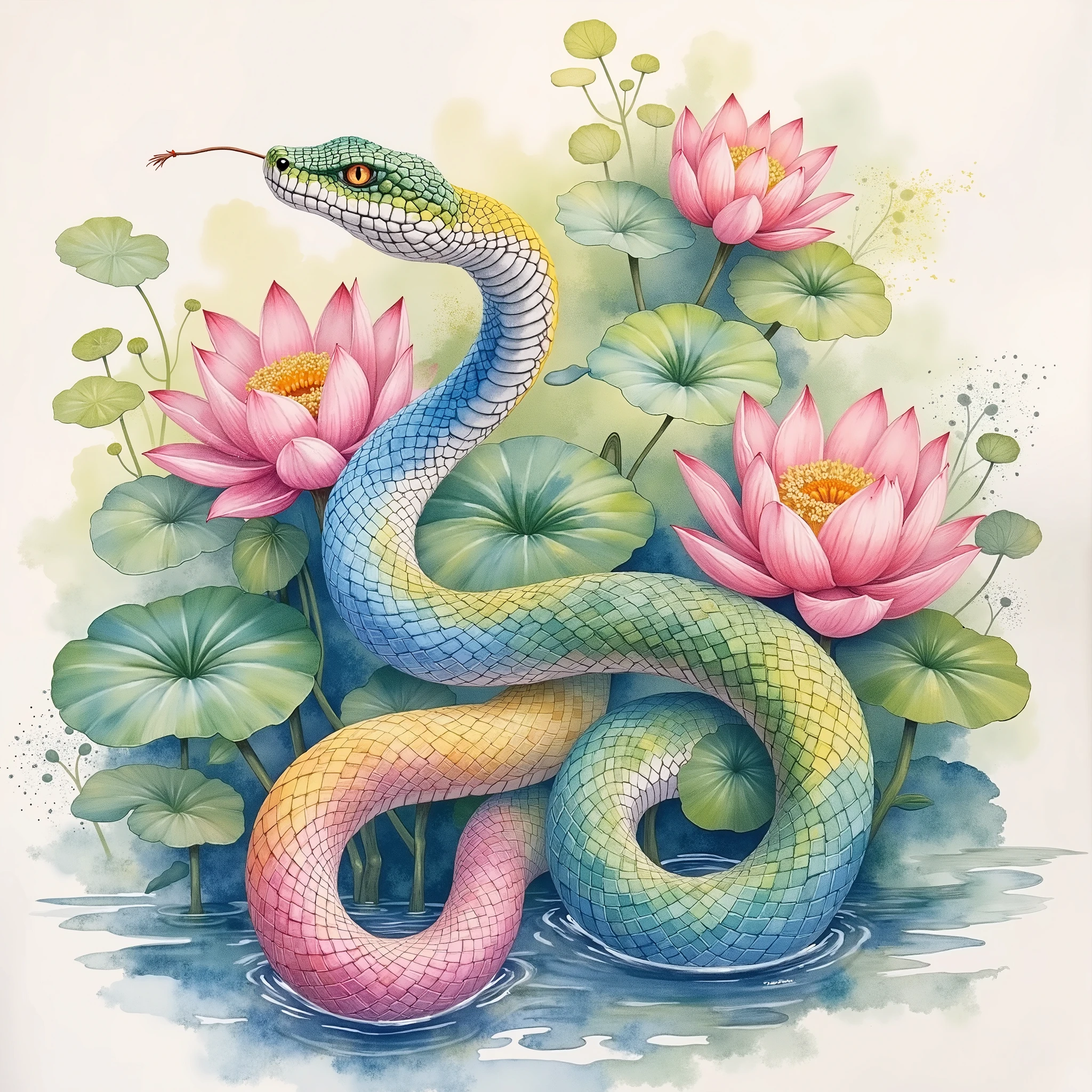 watercolor paint of 2 snakes, splash art, pastel coloring, intricate detailed, lotus and water background, Chinese style paiting