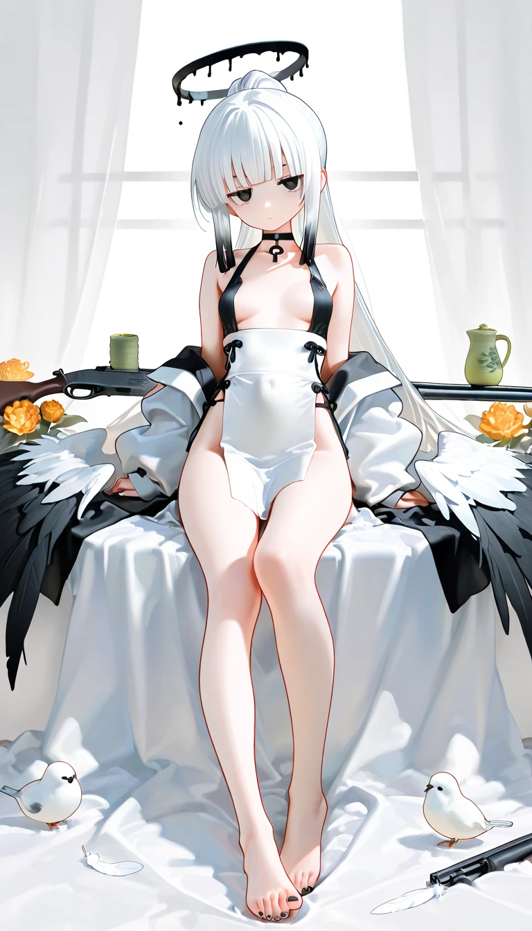 ((best quality)), ((masterpiece)), (detailed), 1girl, Character design, female, dynamic poses, long white grey hair, grey white eyes, very skinny, detailed, best quality, no accesoires around the neck, no shoes, prominent collarbones, skinny arms, flat stomach, visible hip bones, full body, blank white background, plain background, white background, red and white clothing, Bloodborne inspired, occult aesthetic, occult, detailed and intricate steampunk and detailed gothic, NSFW, Very dramatic and cinematic lighting, cosmic horror, grim-dark, side-lighting, perfect face, NSFW, Fluttering lace flared long knee length dress with frilly petticoats, knee length dress, pleated petticoats, petticoats gothic, complex lace boots, side-lighting, gothic aesthetic, wielding a mighty sword with mechanical components, mandalas, small breasts, a fairy, various different types of insect wings, NSFW, full body, whole body, body, plain background, white background, blank background, no background, white background NSFW, chains, full body, whole body, head-to-toe NSFW