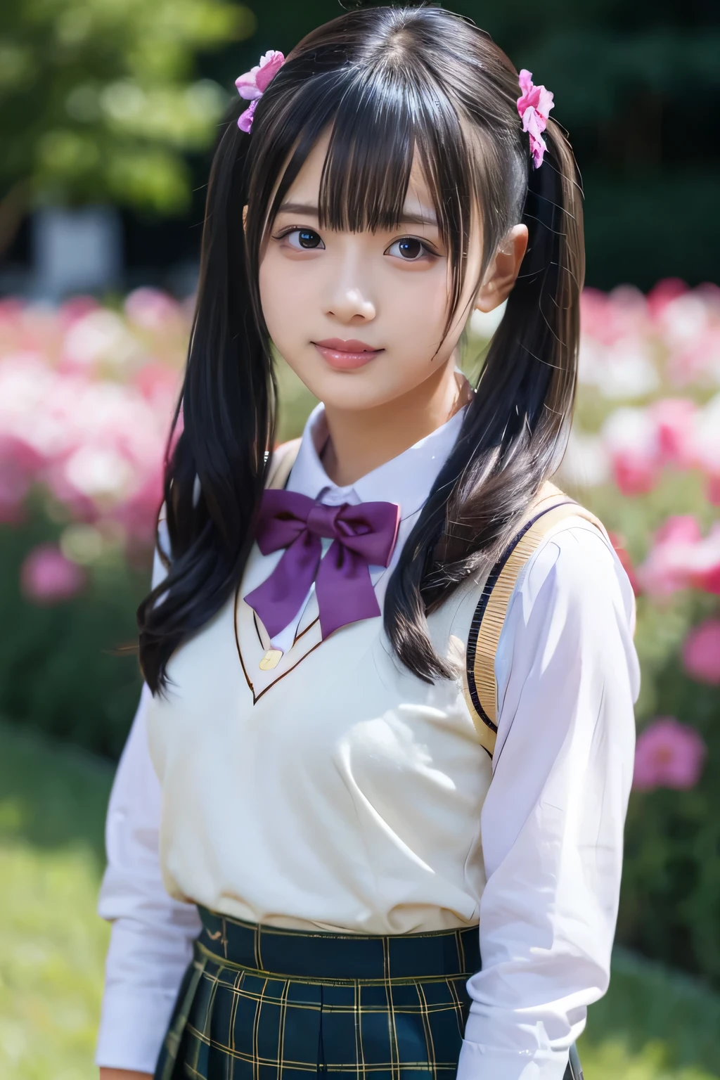   Masterpiece,    TOP QUALITY,    high resolution, Aalesi  ,   alone,    black hair twin tails,   ,,   medium boobs,      purple eyes,    school uniform   ,     pink tie ,    white collared shirt、 sweater vest,  Plaid Skirt with Beaded Bracelet,    Khaki Plaid Skirt  ,    wariza, ãã©ã¹   , smile、 close-up ,  colorful flower field,((( close-up))),