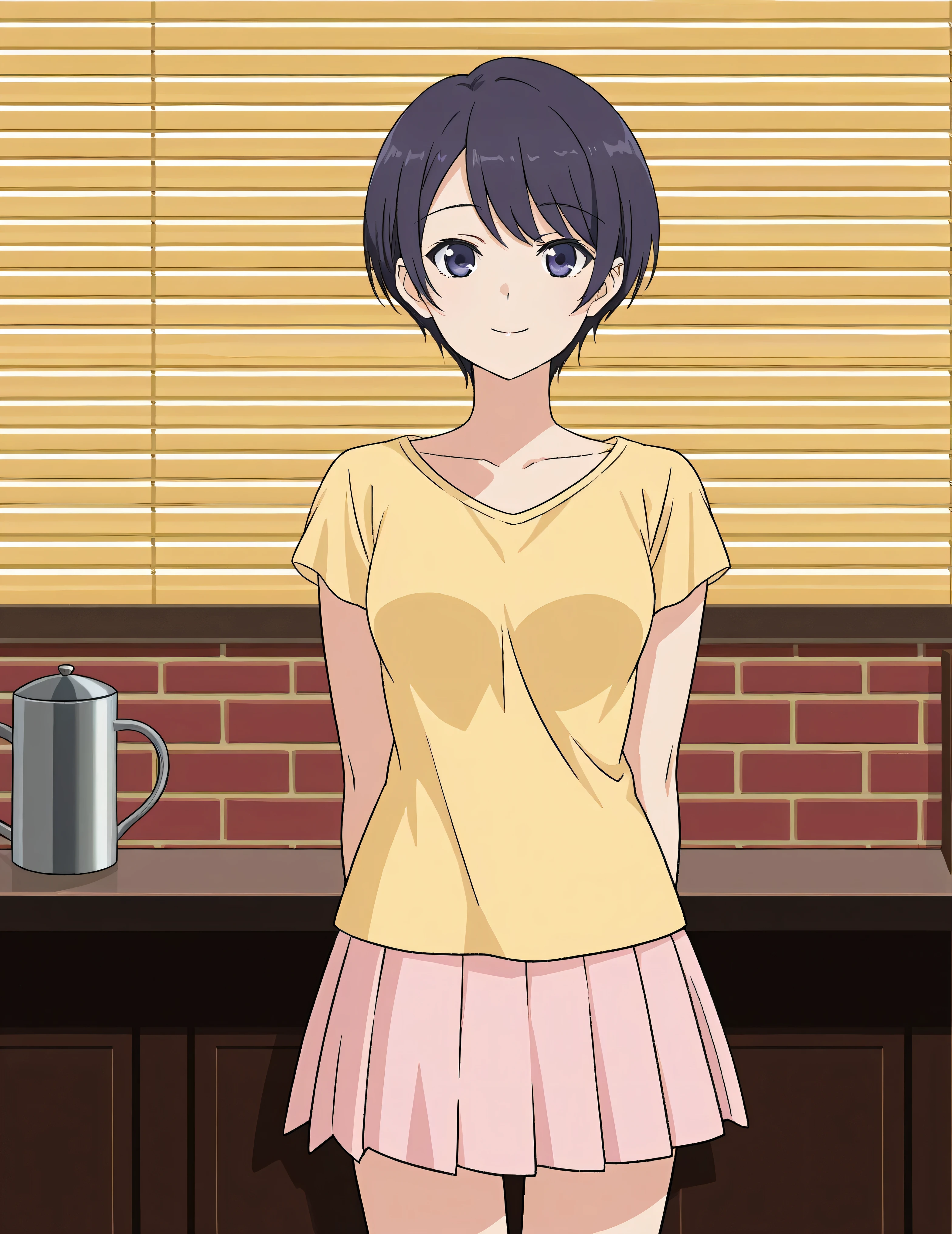 score_9, score_8_ up the side, score_7_ up the side, source_Anime,( top quality:1.1), Ultra Details, high resolution,超 Detailsなスキン, beautiful detailed eyes,8k, sharp concentration, beautiful, beautiful eyes, anatomically correct , anatomically correct face,極めて Detailsな目, smooth edge , beautiful face, symmetrical eyes, symmetrical face at school, American Muzzle , 1 girl, Alone, short hair, staring at the viewer, smile, bangs, Cafe, casual yellow shirt , medium pink skirt, pleated skirt, Closed Mouth, cowboy shot, Short Hair , medium bust, Chest , clavicle, ( beautiful, small breasts:1.2), メイク up the side, elegant smile, Details, low Short Hair ,