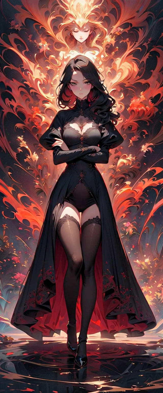 (highest quality:1.2, Very detailed, Latest, Vibrant, Ultra-high resolution, High Contrast, masterpiece:1.2, highest quality, Best aesthetics), (((1 girl))), Sexy witch, Mature woman's body, Seductive body lines, Narrow waist, Witch Robe, Witch Hat, An elegant robe with a red and black design., Skirt with slit, A dress with fine lace, gem, detailed ornaments, Purple Tent, Decorated purple flowers, Dark color palette, Insufficient lighting, Witch-made potion, Magic circle and tapestry hanging on the wall,