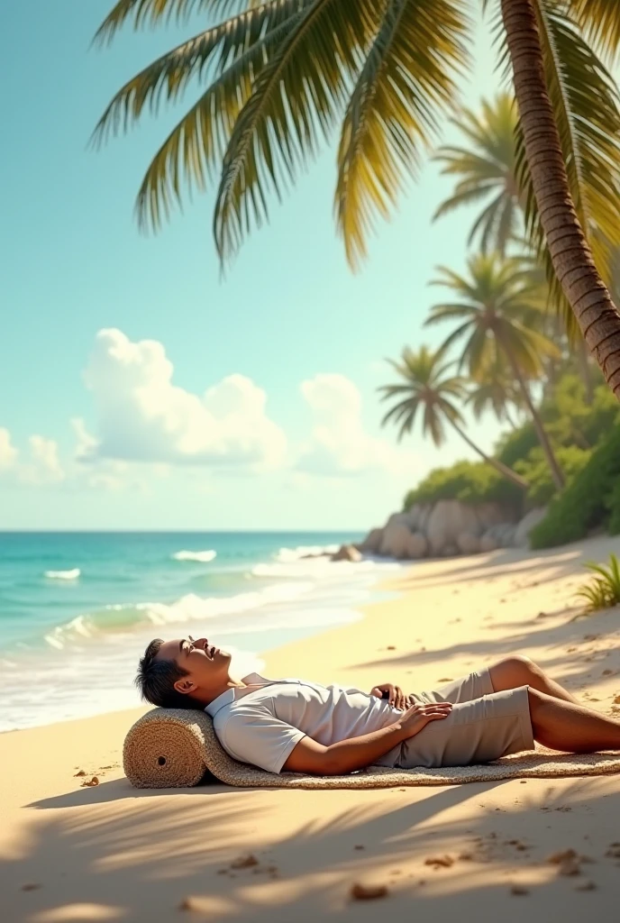 Messi is laying in a beautiful sea beach