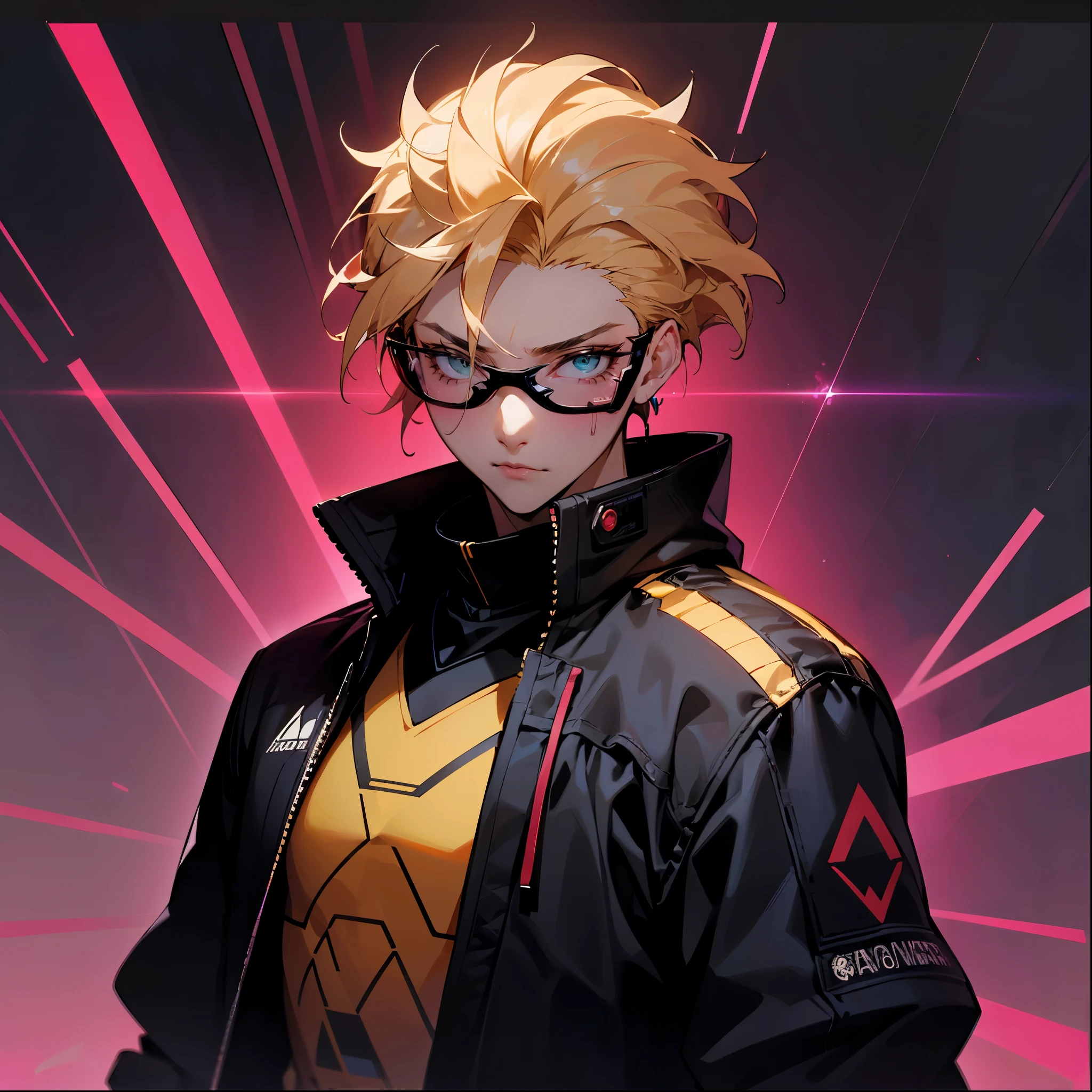 A young male standing atop a city on a rooftop looking over the beautiful lit scenery of new york , he wears a black Jacket with a (red infinity graphic on the front) as well as yellow X graphic on the sleeves , He wears cyber-punk holographic glasses , he has blonde messy undercut wavy hair and holds a calm expression as robots hover near him in the air