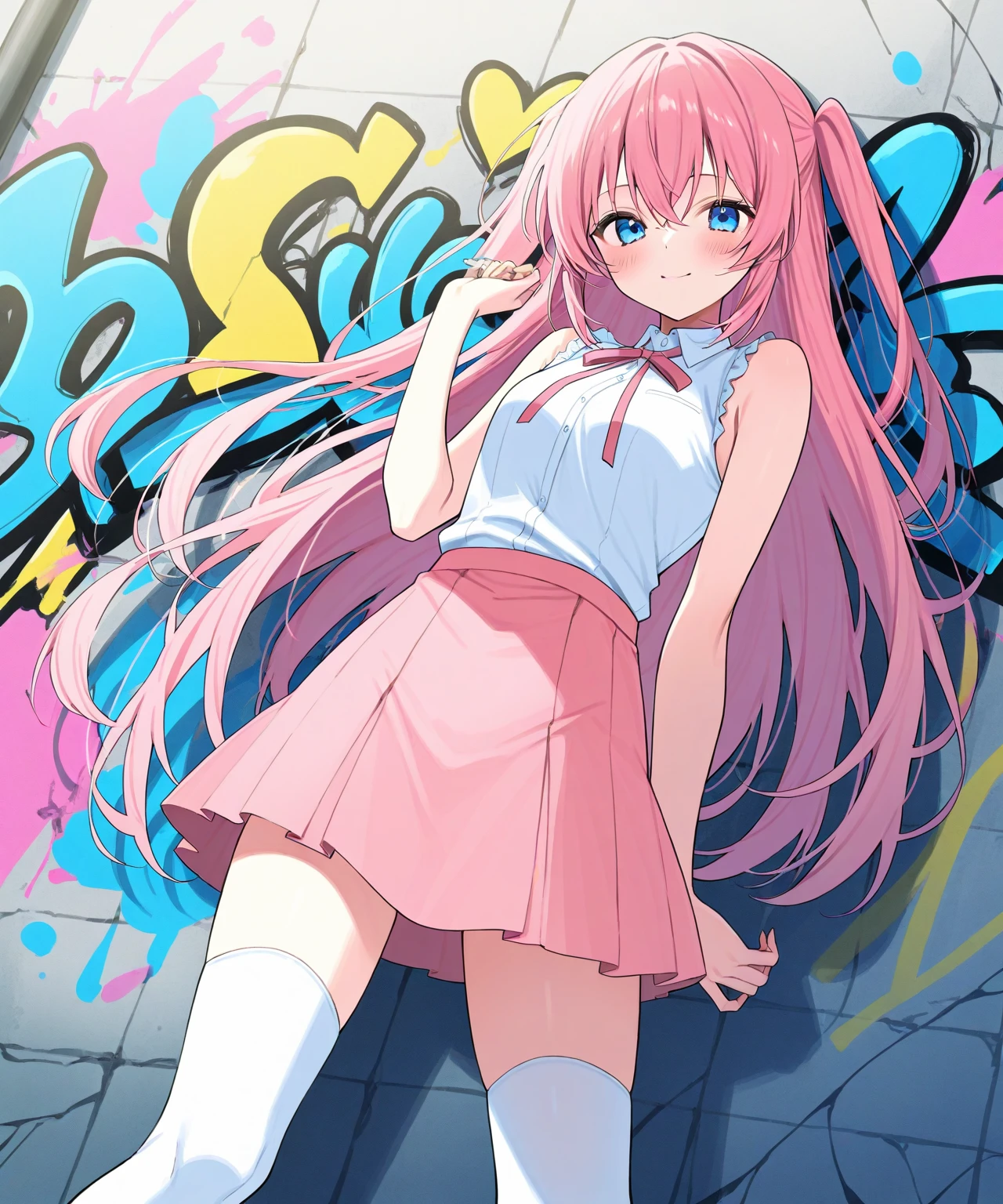 very beautiful & cute anime girl with long pink hair & blue eyes, wearing a pink skirt & a white sleeveless shirt with pink trims on it, white knee-high socks, standing in front of a graffiti wall, 1girl, solo