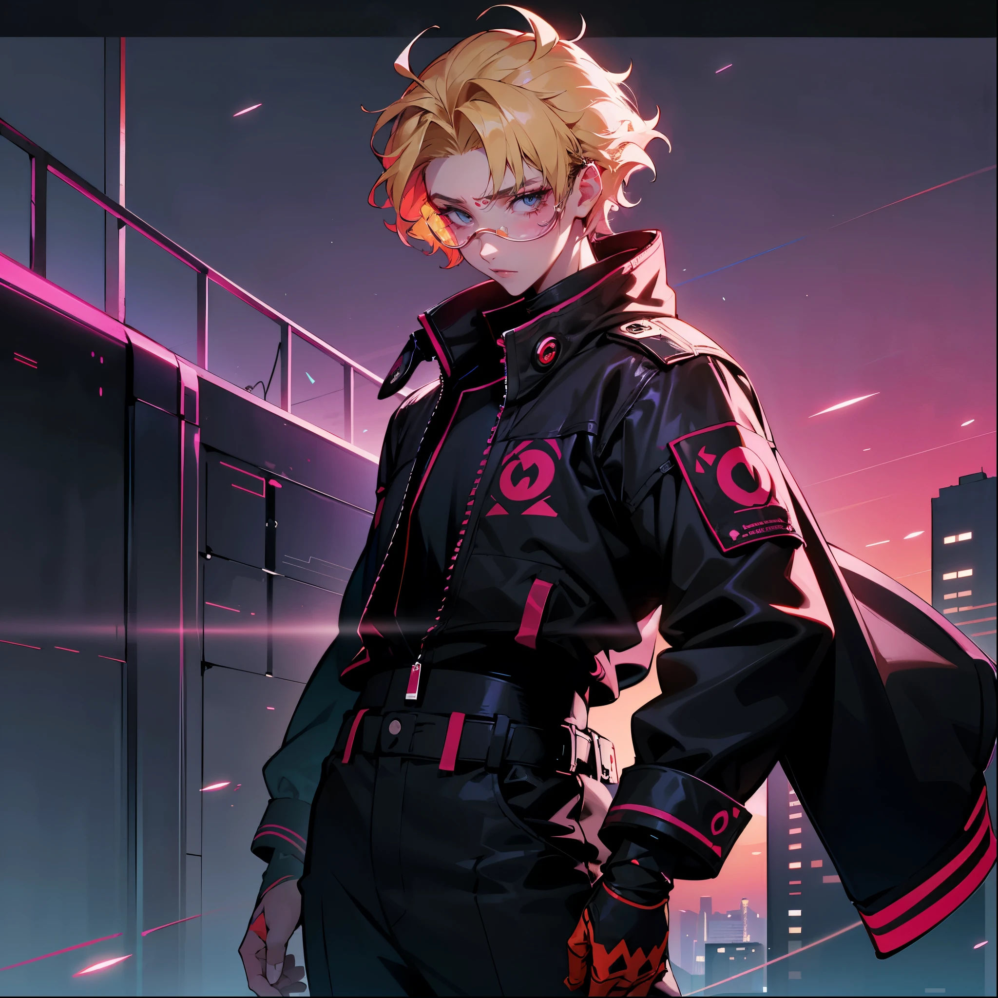 A young male standing atop a city on a rooftop looking over the beautiful lit scenery of new york , he wears a black Jacket with a (red infinity graphic on the front) as well as yellow X graphic on the sleeves , He wears cyber-punk holographic glasses , he has blonde messy undercut wavy hair and holds a calm expression as robots hover near him in the air