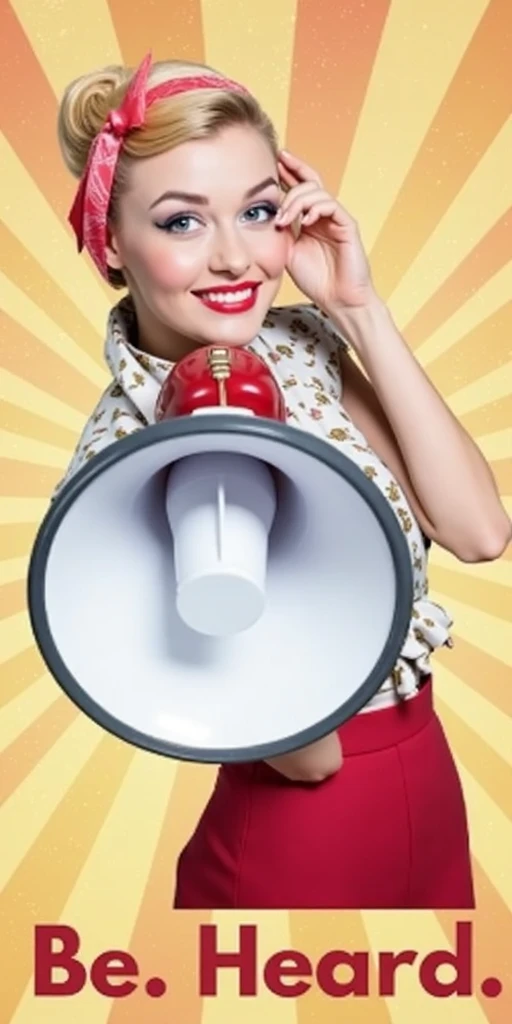 An advertising female model, wearing a bow lilac outfit, holding a pink horn shouting emoji shooting
