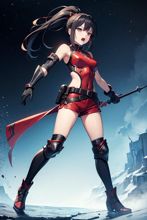18 years old, red hair, pig tails hair, red eyes, in a full body robe with leggings, masterpiece, high quality, energy ball in right hand, shoulders exposed, gloves, ready to fight pose, 4k, magician