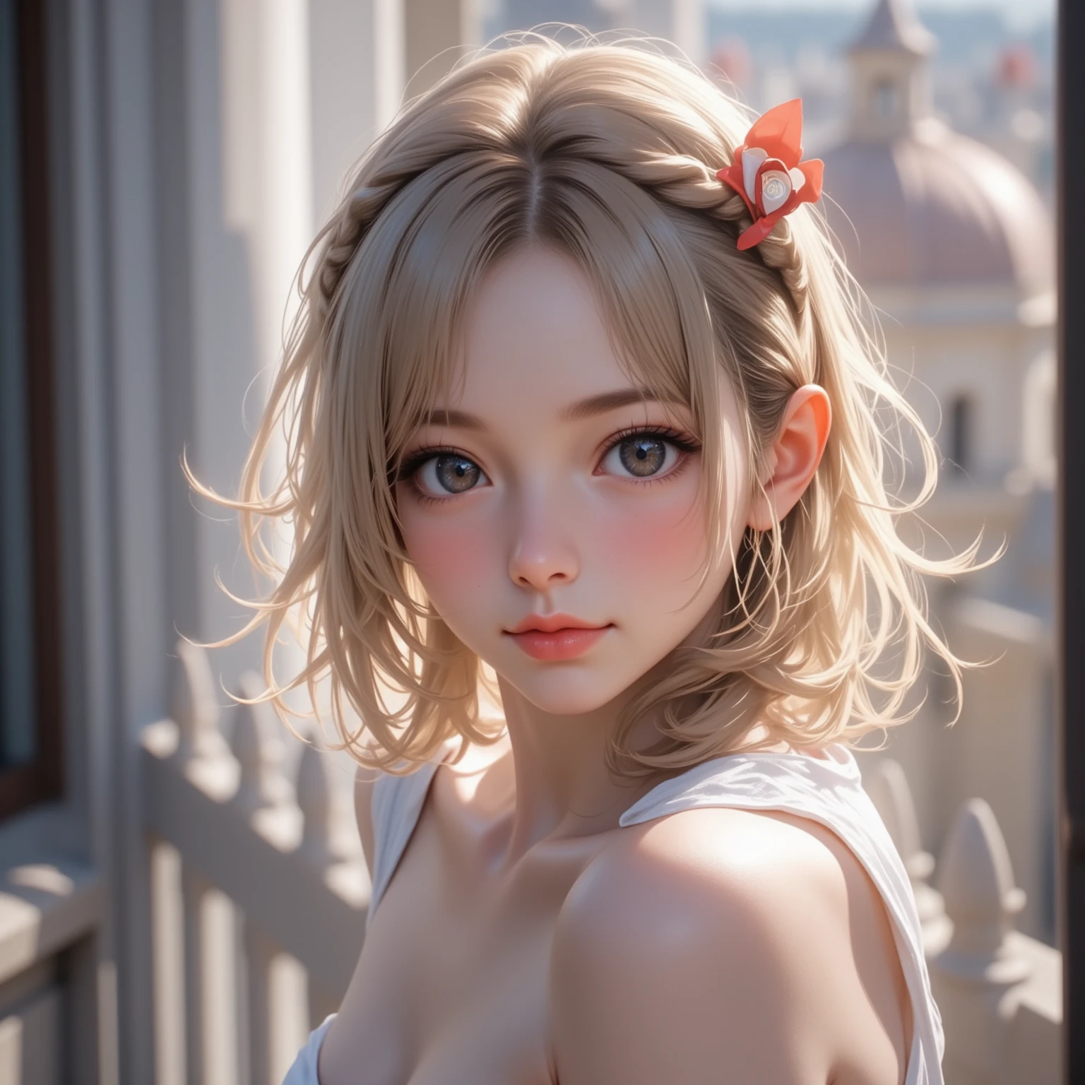 (Jacksonville:1.5), a closeup, masterpiece, top-quality, Raw foto, Photorealsitic, faces, unbelievable Ridiculous, beautiful a girl, cute little, shorth hair, depth of fields, hight resolution, ultra-detailliert, finely detail, ighly detailed, extremely detailed eye and face, Sharp pupils, Realistic pupils, foco nítido, Cinematic lighting、short-haired、short-hair、Bob Hair、Bery short hair、bionde、a blond、Bun hair、Previous、Take your eyes off、Don't look at the camera、fullnude、barechested、、Delineation of nipple areola、No underwear、Colossal tits、爆乳、H-cup、