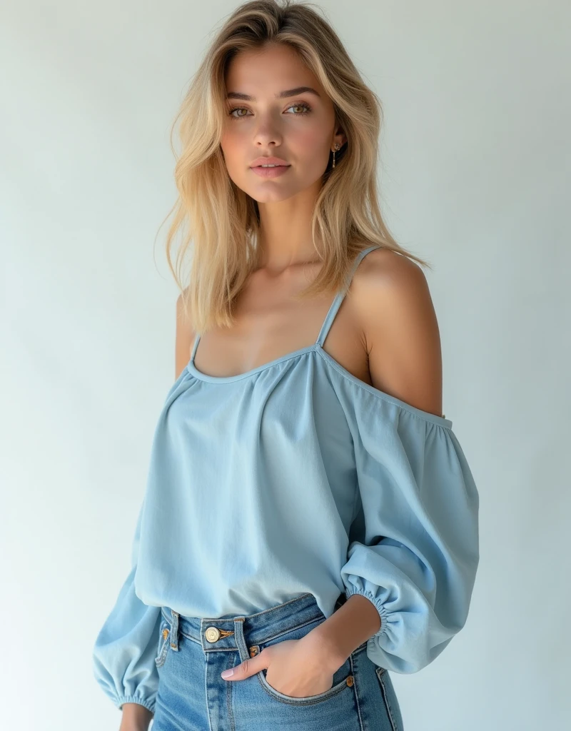 Margaux Dupont, 1girl, solo, realistic, ((short blond)), (((consistent face and image))), ((Caucasian mature)), ((Belgian woman)), ((Belgian nose)), ((Belgian lips)), ((Belgian body and skin)), ((upper body and upper legs)), Off-the-shoulder top  and high-waisted jeans, ankle boots, statement earrings, Setting: casual dinner with friends