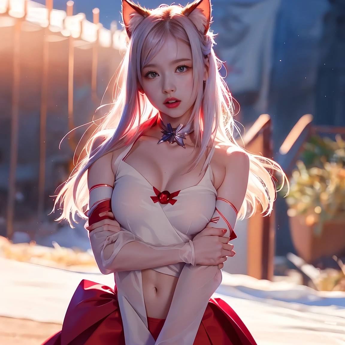 masutepiece, top-quality, top-quality, Beautifully Aesthetic:1.2, 1girl in, halloween night, ((Wearing a fine costume of cat fur, Cat gloves, Shoes in the shape of a cat's paw, Fur mini skirt)), (Silver Pin Heels:1.1), detaileds, ((Red Eyes:1.8)), (Kneeling in a leg pose:1.3), Large breasts, firm breasts, nice shaped breasts, Slender figure,
((Sexy hairstyles, dark brown hair)), Wavy Hair, (Medium Long Hair:1.2),
((In a modern room decorated for midnight Halloween:1.2)), (upperbody shot:1.1), (From above), (Focus on legs:1.1), ((Looking at Viewer:1.2)),