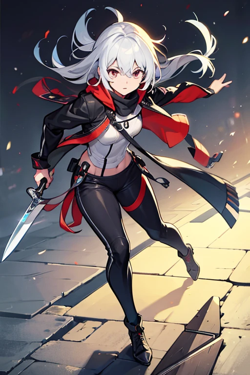 masterpiece, best quality, 1girl, (grey hair, shoulder-length hair, wavy hair, black hairband), auburn eyes, beautiful detailed eyes, beautiful detailed face, cute face, perfect hands, complete fingers, perfect anatomy, perfect proportions, stoic, professional, ninja, (black leotard, bare legs), black tactical gloves, gold bracelets, black thigh-high boots, full body costume design. cityscape, night, noir atmosphere. she spins at an incredible speed, creating a whirlwind of air around her, spiral lines, wind around her.