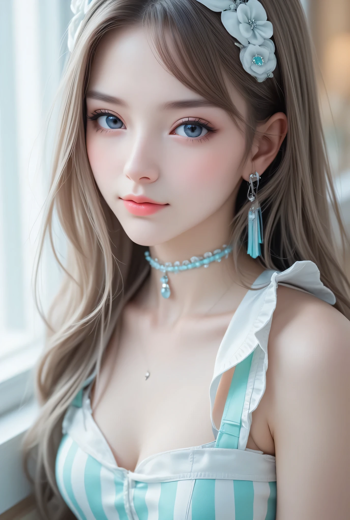 (ultra real), (shape), (High resolution), (8k), (very detailed), (Best shape), (beautiful and detailed eyes), (highest quality), (Super detailed), (masterpiece), (wallpaper), (detailed face), alone, one girl, whole body, Viewers are watching, Small eyes and mouth, detailed face, bar counter, in the dark, private key, Pure erotic face ace_v1, smile, long hair, blonde straight hair, bangs, sitting in a chair, beautiful teeth, cheeks turn red, attractive appearance, Complex off-the-shoulder clothing, , earrings, necklace,beautiful clavicle、blue eyes、
