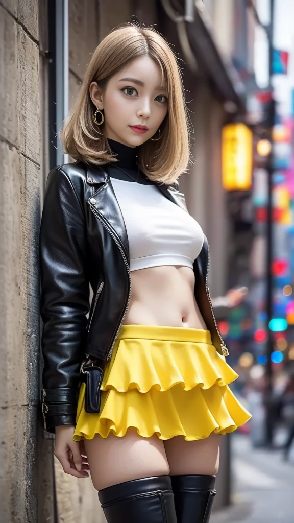 nsfw、female idol、lipgloss、smiling face、full body Esbian、(( medium breasiny very large earrings(neon red)、shiny very large necklace(neon red)、shiny glossy wet latex tight mini skirt(neon red)、clutch(neon red)、Short hair (bright blonde)、long white coat with white fluffy fur (bright white)、conceptual art, High quality, Realistic, extremely detailed CG unified 8k wallpaper, highly detailed, High-definition raw color photos, professional photography, Realistic portrait, Cinematic Light, Beautiful detailed, Super Detail, high details, (((Bokeh))), depth of fields, illumination, Neon Street, Super stylish lighting