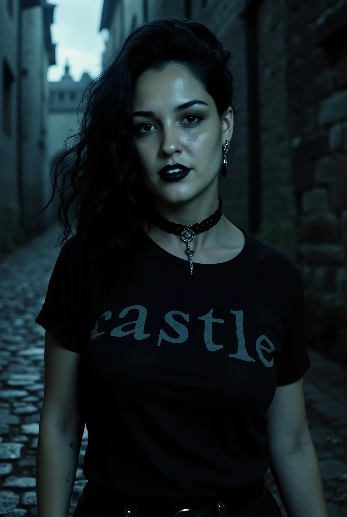 Black lipstick beautiful, full body, gothic, rocker, wearing a t-shirt with the text "Castle"