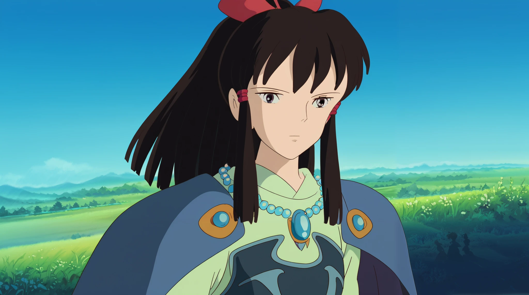 score_9, score_8_up, score_7_up, (ghibli_style),
saraasano, sara asano, long hair, bangs, black hair, sidelocks, ponytail, ribbon, hair ribbon,
jewelry, necklace, cape, armor,
outdoors, landscape,
looking at viewer, cowboy shot, dutch angle,