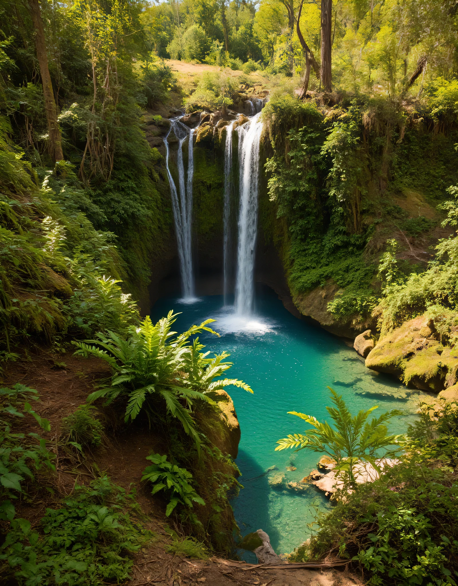 **Prompt:** Imagine stepping into a serene hyperrealistic world where tropical rain nature’s beauty takes center stage scenery. Describe the breathtaking scene of a majestic waterfall cascading gracefully into a crystal-clear deep forest pool, surrounded by lush greenery and vibrant flora. Explore the diverse artistic interpretations of this landscape, from hyper-realistic details capturing the texture of the rocks and water droplets to the stunning elegance found in National Geographic photography. Focus on the interplay of light and shadow as golden sunlight filters through the flora canopy, creating a mesmerizing array of colors. Convey the depth of this image using the best photography composition techniques, emphasizing the concept of mixed lighting and ultra-high-definition clarity that allows every element of the scene to come alive. Invite your readers to immerse themselves in this captivating visual experience.