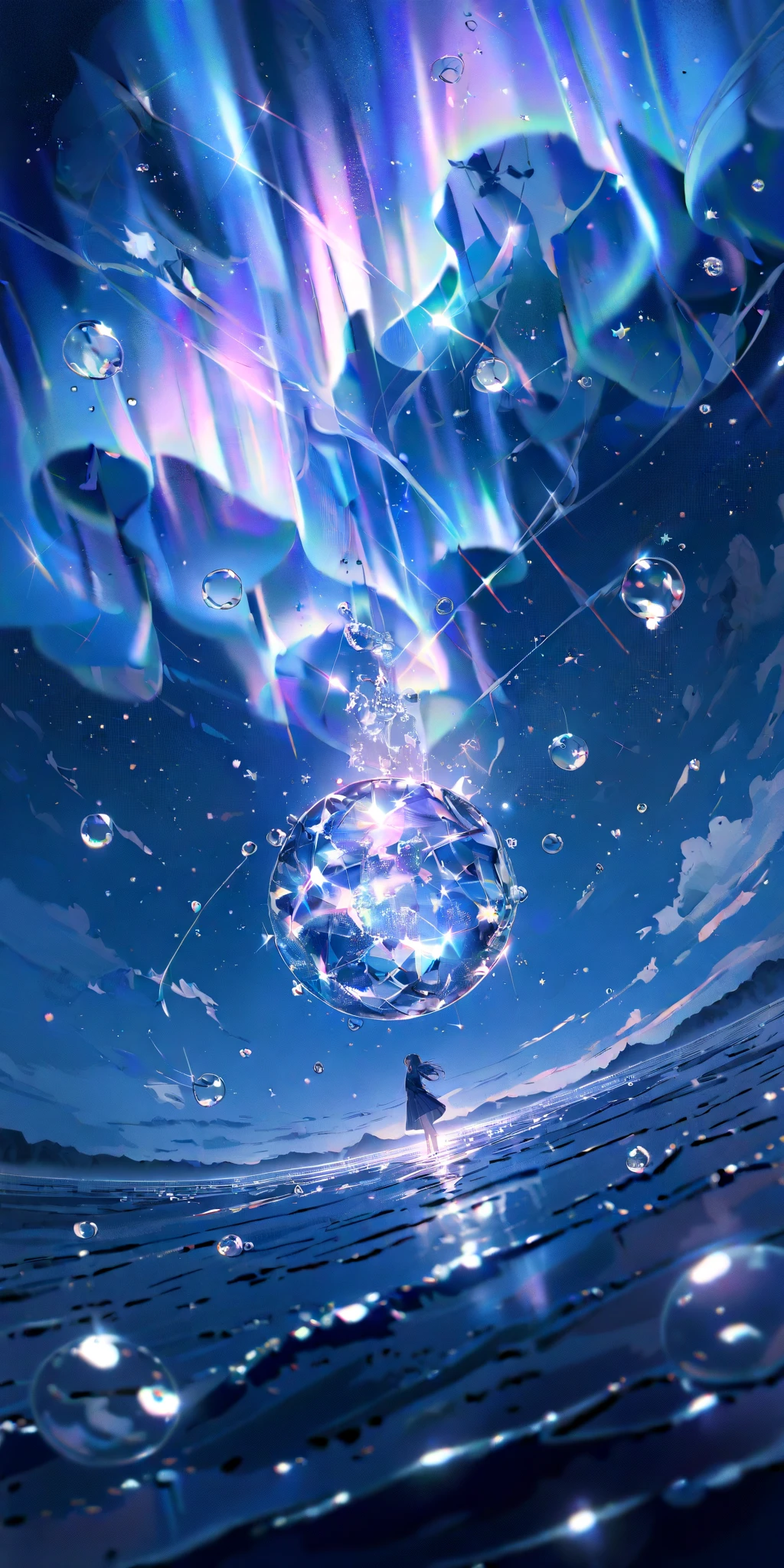 1girl\(cute,,chibi,student, young, hair\(short,silver,floating\), cosmic eyes, pale skin, (looking up:1.2)\). BREAK .(crystal clear bubbles\(shining prism,in the sky\), beautiful universe, (photo-realistic huge beautiful colorful aurora:1.2),high color saturation, ground\(made of water, reflecting aurora\), many colorful (realistic crystal flowers) blooming everywhere, (shiny wind flow), stars sparkle, from below. (fish-eye lens). BREAK .quality\(,masterpiece, high score, great score, very aesthetic, high resolution, ultra-detailed, absurdres, newest, scenery, depth of field\)