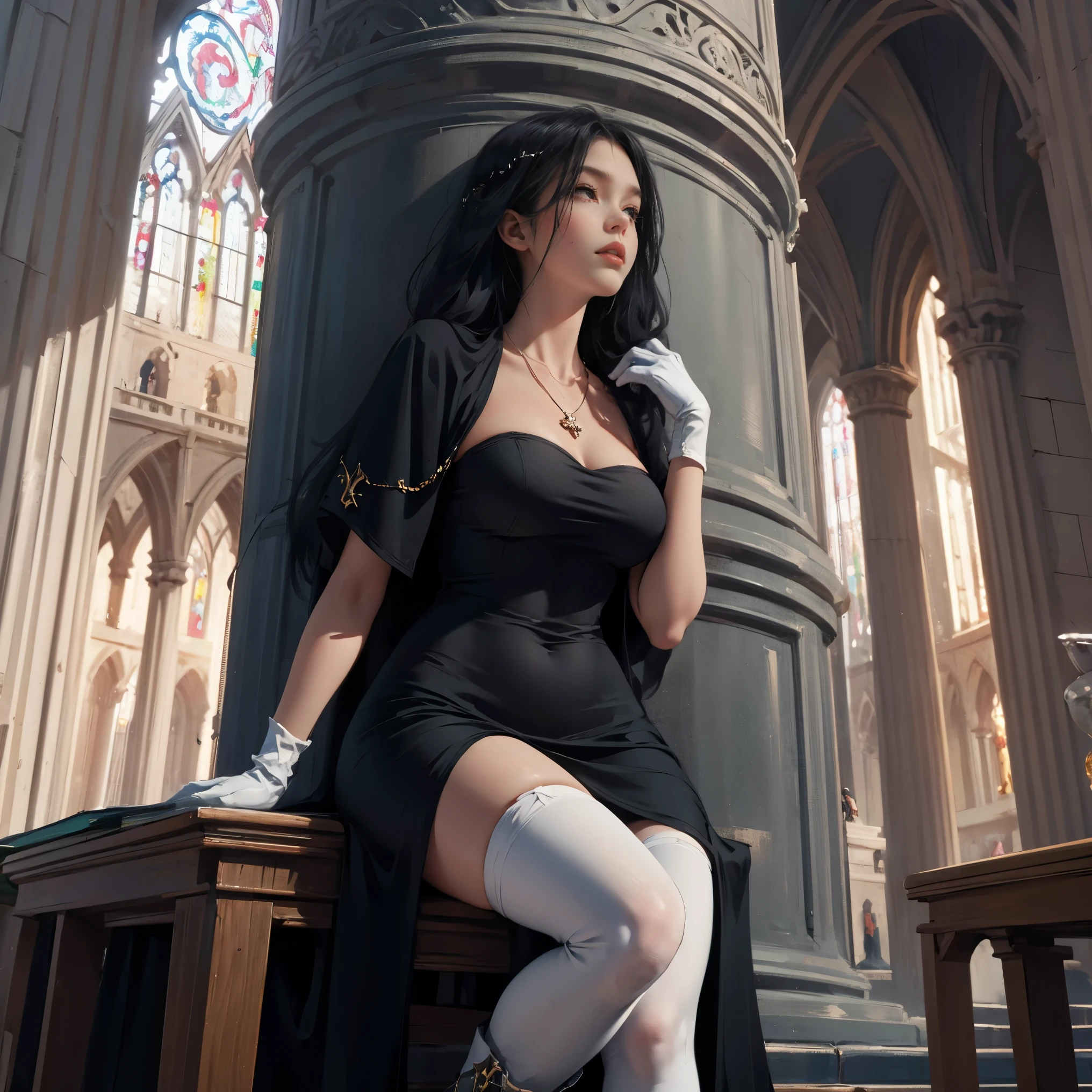 (masterpiece, Highest quality), (High resolution, Very detailed), (Perfect Anatomy), Outdoor, One person, alone, dress, interjection, Large Breasts, Sunburn, necklace, White sleeves, Knee socks, Muscular, Thighs, whole body, Priestessess, church, Devout, pants, coat, pull, boots, Bodysuits, bigdress, Biglobe,black Bodysuits, ハイboots, Feet together, From toe to head,nfsw