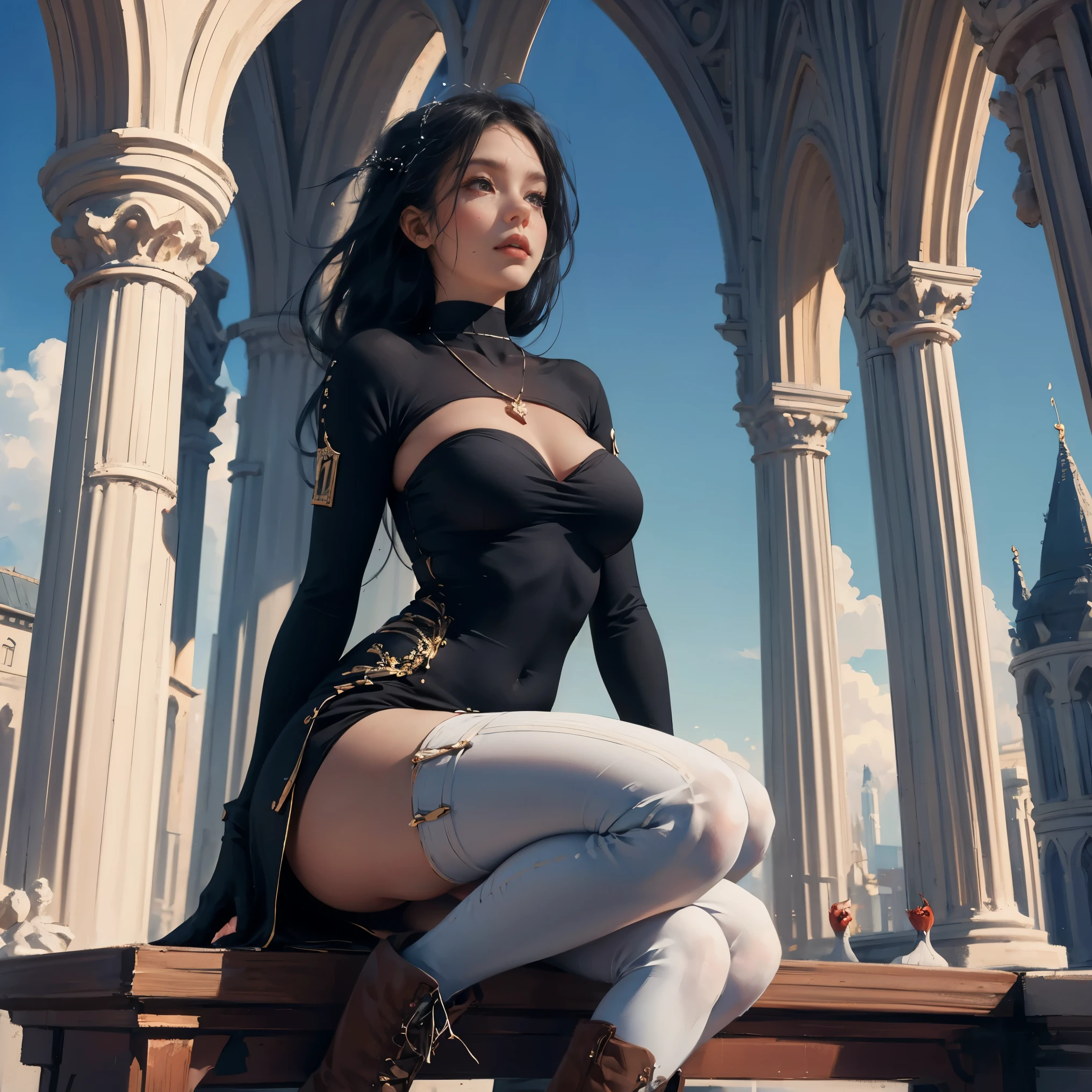 ((aeolian)), 1 girl, beautiful face, Princess, ((naked)), full body view, long loose black hair, fantasy town landscape, no underwear, slim body, long legs, wearing high heels, shiny skin, ((squatting)), green eyes
