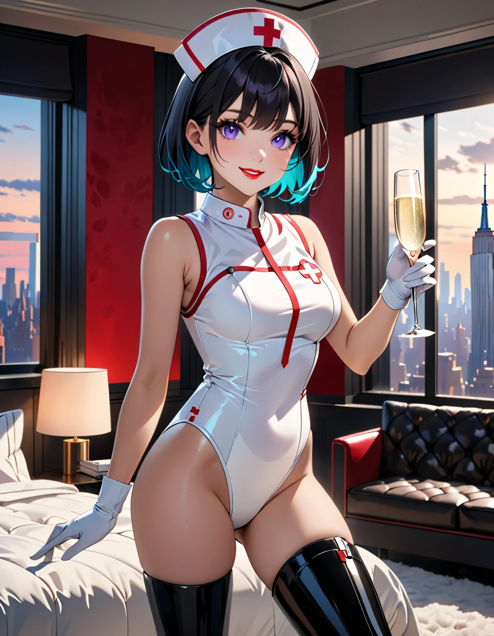 1lady, (masterpiece), (best quality), (hires), Highly detailed CG Unity 8k wallpaper, The facial details are very rich, delicate lips, delicate eyes, (black bob hair with purple accents, bangs), nurse uniform, smooth, nurse, nurse hat, stethoscope, cute smile, solo, short hair details, vibrant smile, cyan eyes, {Beautiful detailed gradient eyes}, red lips, thigh, perfect fit, background with: (new york penthouse:1.2), cowboy shoot, Detailed background, detailed clothing, perfect lighting, 8K maximum resolution, The content is very detailed, professional, ((white leotard with red accents, sleeveless)), matching thigh-high boots, high heels, matching arm-length gloves, dynamic playful standing pose, indoors, holding champagne glass, white mist.