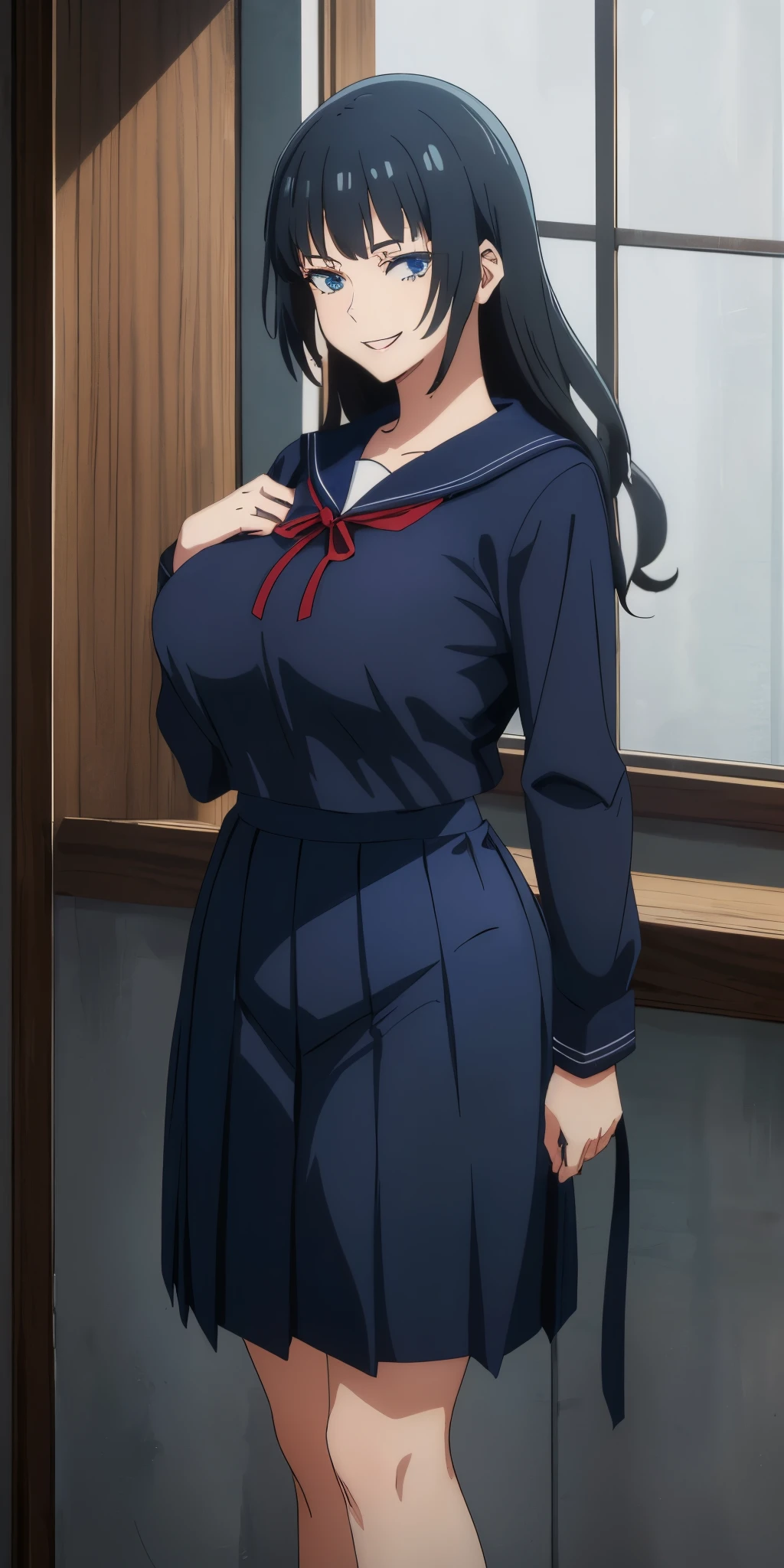 Young woman drawn in 80’s anime art style.
Retro anime. Vintage Anime. Classical Anime.
She has long and wavy black hair, blue eyes, full lips, and a beauty mark located under the right side of her mouth. She is well known for her curvaceous figure of which her most distinctive trait is her very large breasts. She has a sinister smile.
Meanwhile she is also visiting a High School!
She is wearing a sailor fuku (セーラー服, sērā fuku, sailor outfit) is a common japanese style of uniform worn by women, traditionally by high school female students.
The uniform generally consists of a sailor-styled blouse attached with a (Navy blue sailor-style collar) and a Dark Navy Blue Sailor Blouse. The length of the long skirt goes down past her ankle.
A ribbon is tied in the front and laced through a loop attached to the sailor blouse. The color is the ribbon is red. (RED RIBBON)
(Dark Navy Blue Sailor Shirt)
(Dark Navy Pleated Skirt)
(High School)
