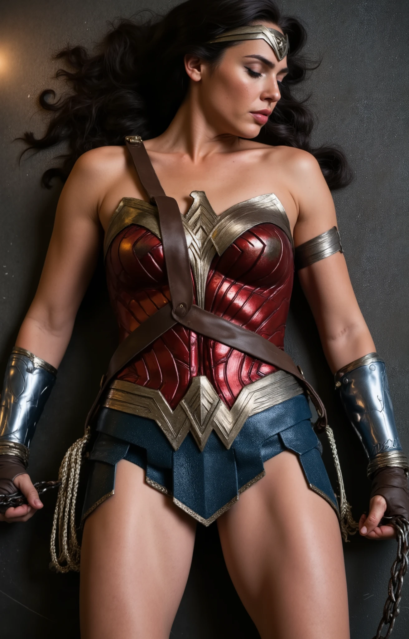 Gal Gadot is Wonder woman, lying unconscious, be restraint on the platform, bound with chain, a lot of cum on her thighs, cum on her face, cum on her face, cum on her legs,