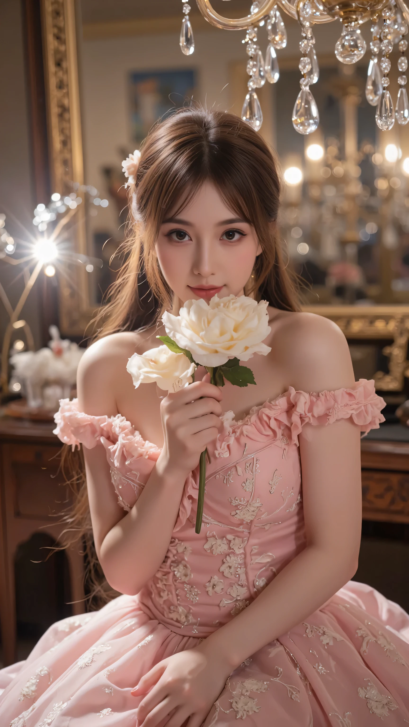 there is a woman sitting on the floor with a bouquet of flowers, wearing pink romantic tutu, pink romantic tutu, prima ballerina in rose garden, wearing a pink romantic tutu, with soft pink colors, girl graceful, lovely languid princess, inspired by Huang Ji, wearing a pink ballroom gown, sha xi, peaceful and graceful, portrait shot, belle delphine