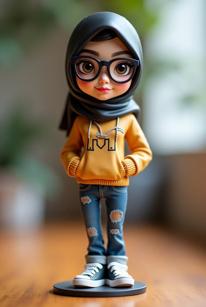 girl wearing glasses and hijab and lipstick smiling wearing leggings with both arms up in the air