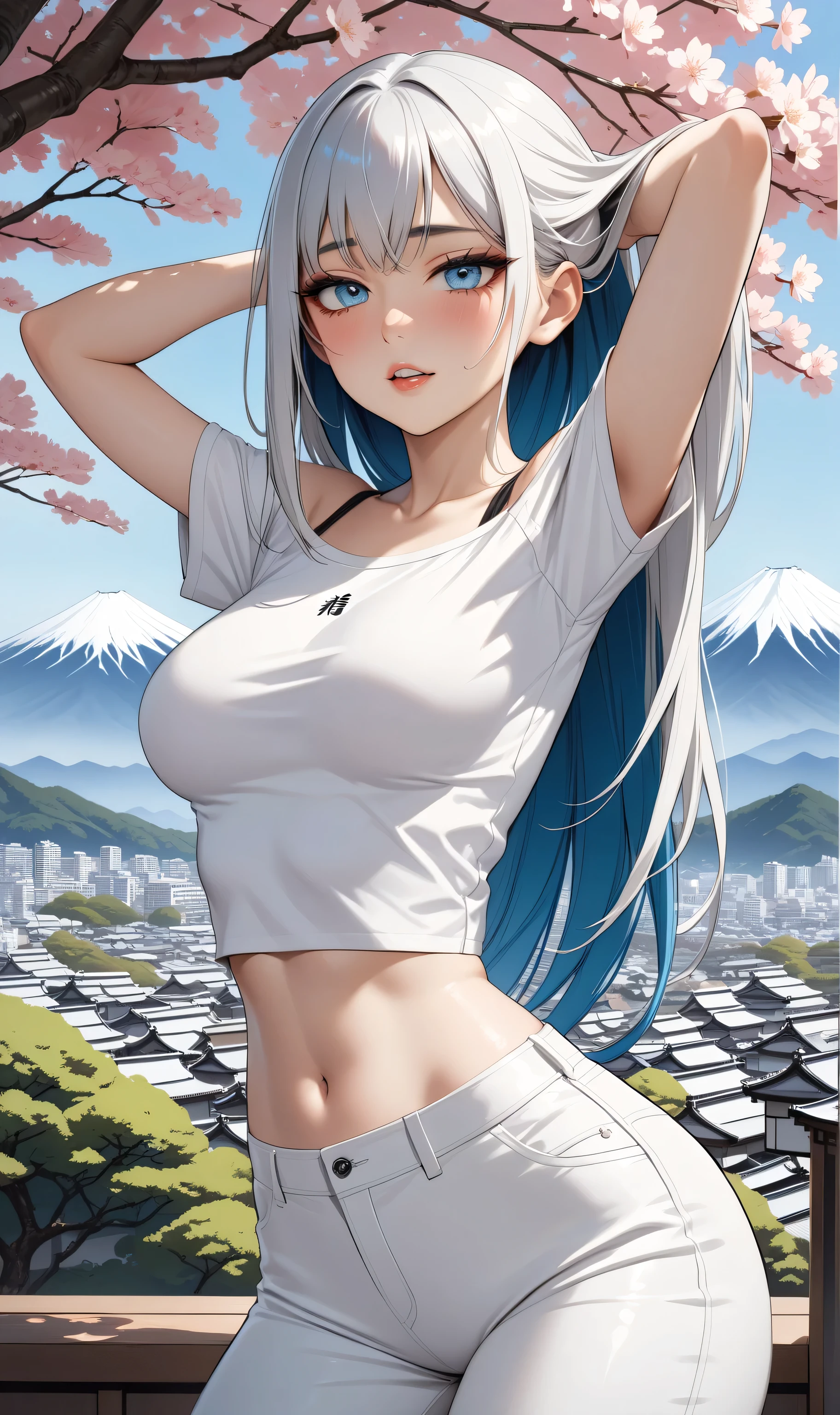 ((Random Sexy pose)), ((Ultra detailing)), (very aesthetic, best quality, ultra detailed), intricate details, 1girl, silver hair, Blue inner hair ,(Silver eyes),((Detailed eyes)), ((Beauotifull eyes)), ((prefect eyes)), sharp jawline, long hair, (Fixing hair,), Medium breasts, Licking her lips parted lips, blush, makeup Blush, medium breast, (white over size shirt, crop top, Off-shoulder shoulder, white pants), print , (background: Japan, sakura tree, Mountain) Expressed using only shades of black, line drawing, Monochrome illustration, (doodle, draft, sketch