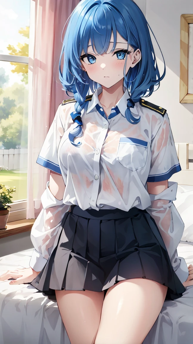 1 girl, blue hair, short hair, wearing a white school uniform, big breasts