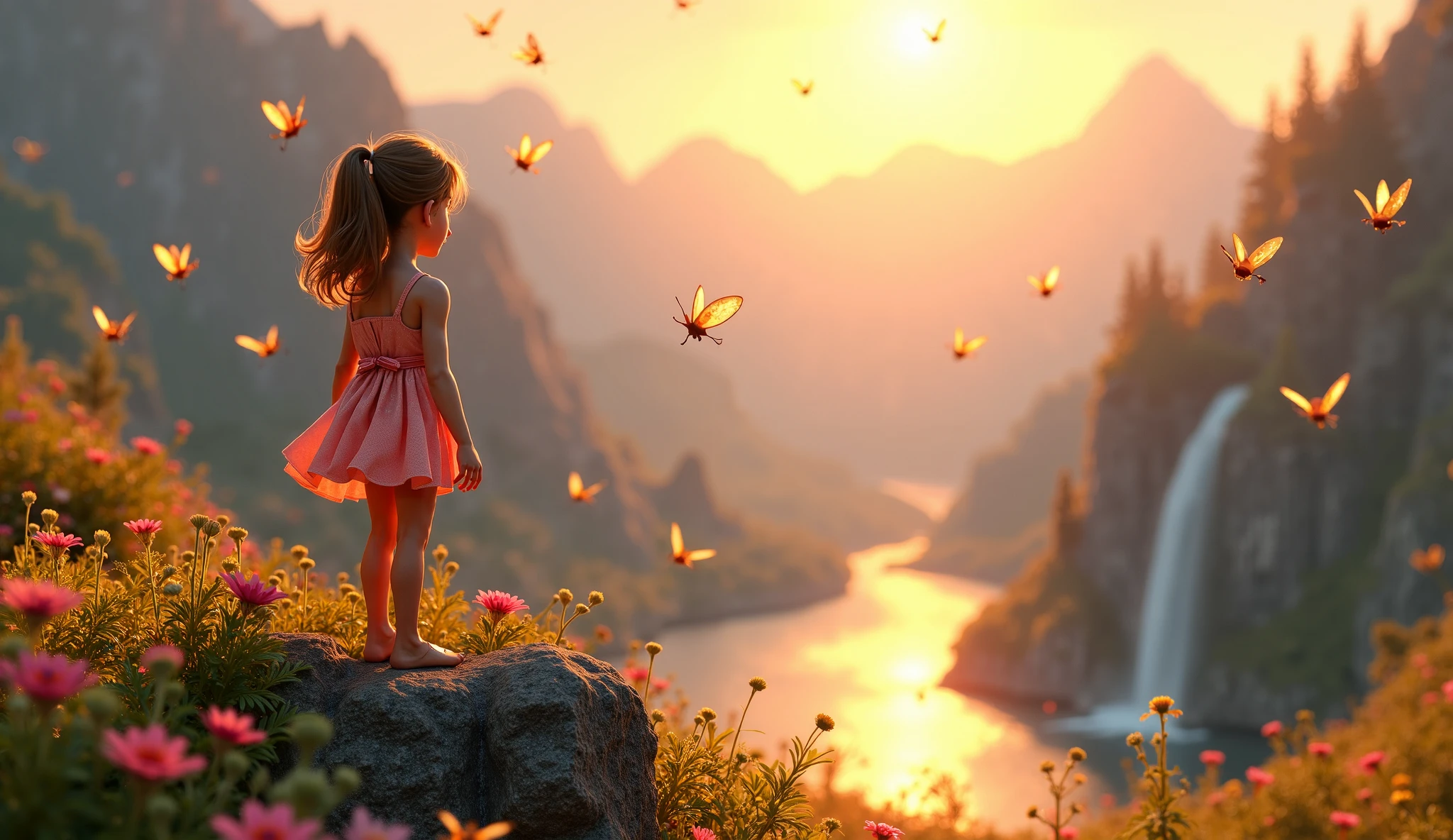 There is a little girl standing on a rock looking at the butterflies ...