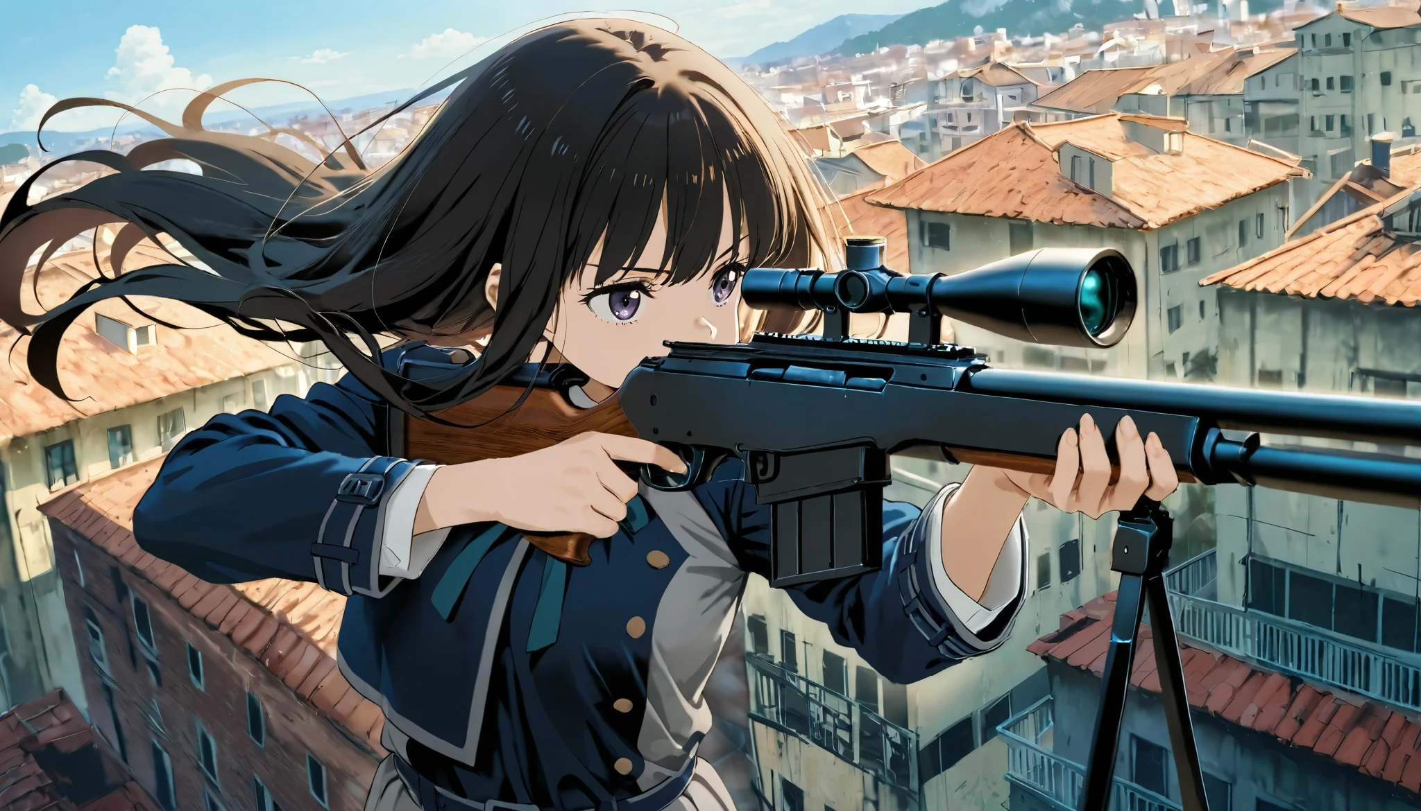 1girl,inoue takina ,lycoris recoil, aiming with sniper rifle, on the roof of building, floating hair,, masterpiece, best quality, amazing quality, detailed background, intricate details