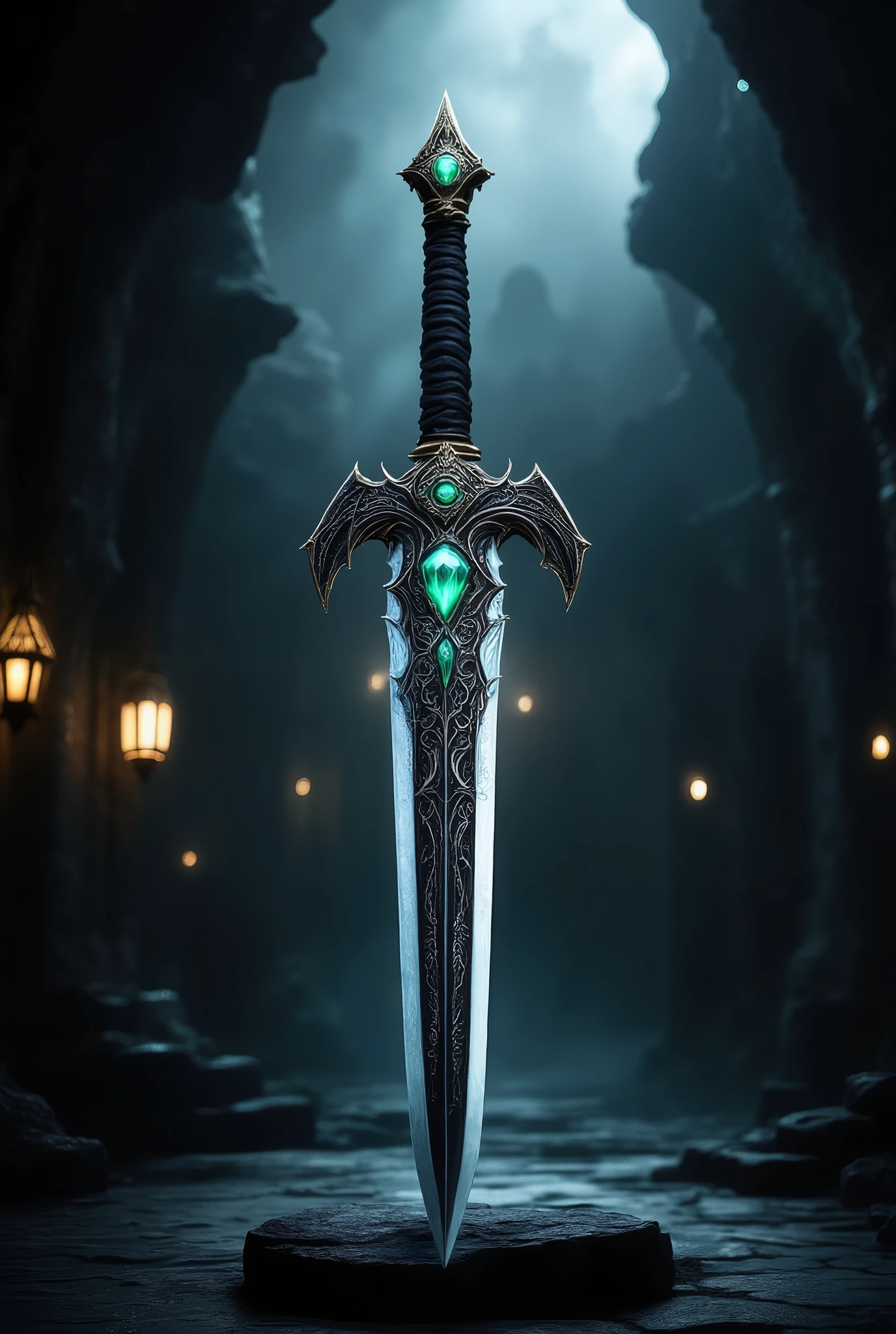 A beautiful two-handed sword with runes sharp on one side, soft leather handle , guard made in the shape of the wings of a black dragon , a beautiful small emerald like an eye , between the wings , a small glow , is beautifully visible in detail , best quality, complicated details, 8 k, maximum detail , high resolution, superb quality , background The sword lies beautifully on a stone stand in a cave , masterpiece,