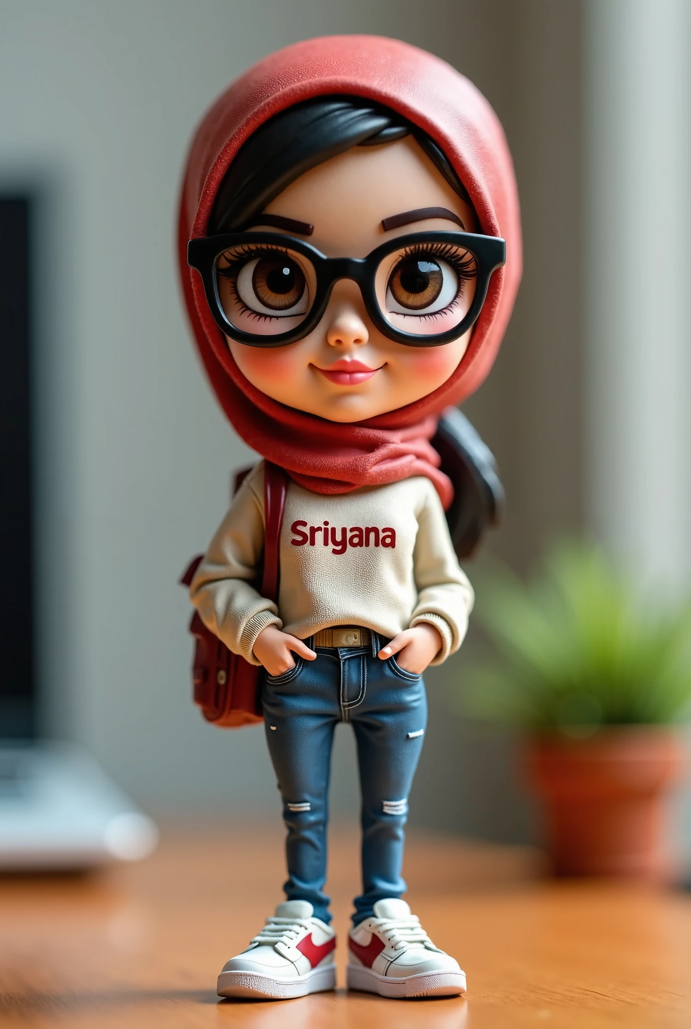 Illustrated 3D a black picture frame. inside the frame is a beautiful sabah teenager girl wearing hijab and glasess put a name “Asma” under the frame and behind the girl is flower and LED light the backgroud is brickwall
