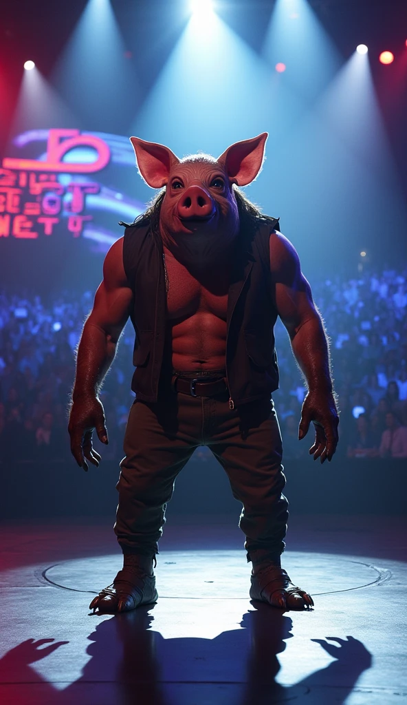 Fat Cartoon boar dressed like WWE wrestler Tugboat .

Fat Cartoon boar body. Cartoon boar head. Cartoon boar arms. Cartoon boar legs.

Long curly black mullet hair.
Black mustache. Bushy black beard.

White and red striped tank top shirt. White pants. White sailor hat. Black wrestling boots.

Standing in a wrestling ring.