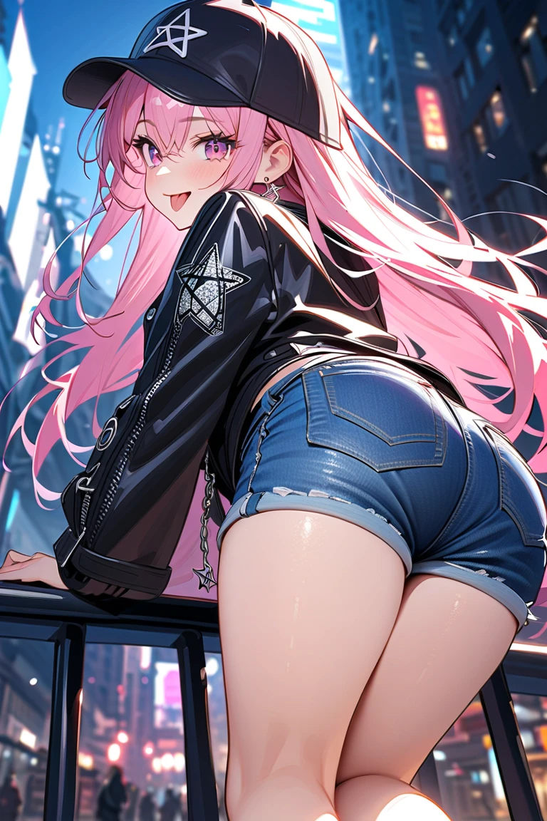 (masterpiece), best quality, (SHARP details), 4k, expressive eyes, (gyaru), 20 year old girl, pink hair, ((slutty clothes)), huge breasts, SHARP detail expressive eyes, (SHARP detail perfect face), slutty, (slut), ((dark skin)), 4k, (very short skirt), underwear peek, leopard-print bra, leopard-print thong, (((bimbo))), outdoors, nightclub, neon lights, straight hair, deep cleavage, (wearing (slutty and micro) leather jacket), (pink mini skirt), view from half below, visible thong, ((tomboy)), tall, (big butt), butt, (presenting butt), (skirt lift), (asking for sex), sweat, in heat,